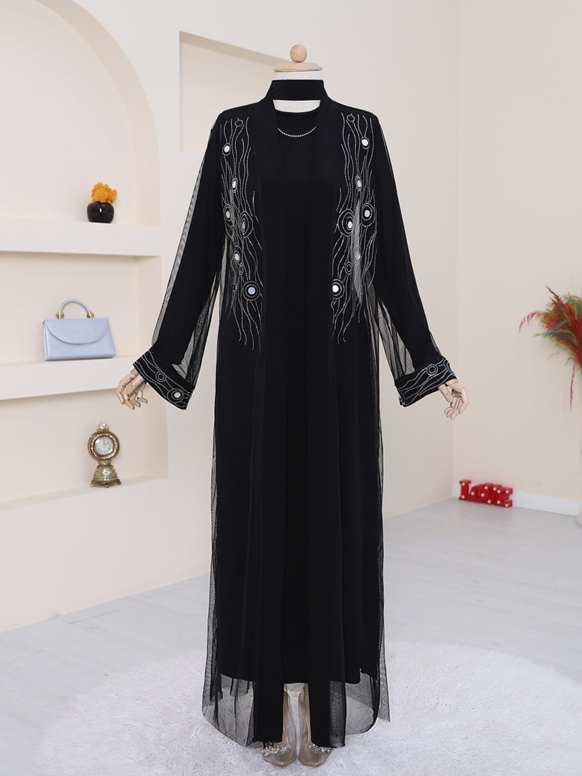Silver Beaded Abaya Set with Inner Dress and Open Kimono - Podyumplus - by Peralane - photo 2