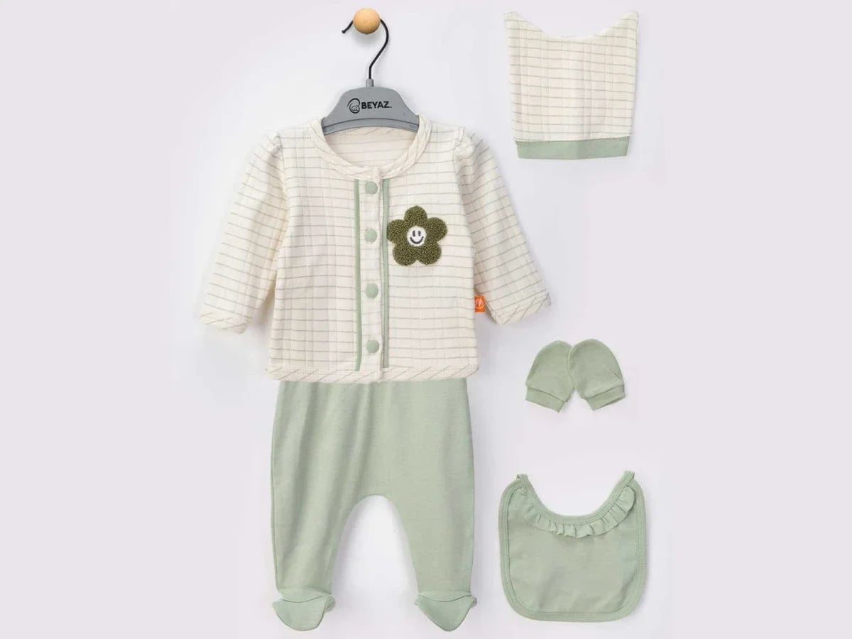 Flower Detail 5-Piece Newborn Baby Set - Pistachio Green - Beyaz Bebek - by Peralane