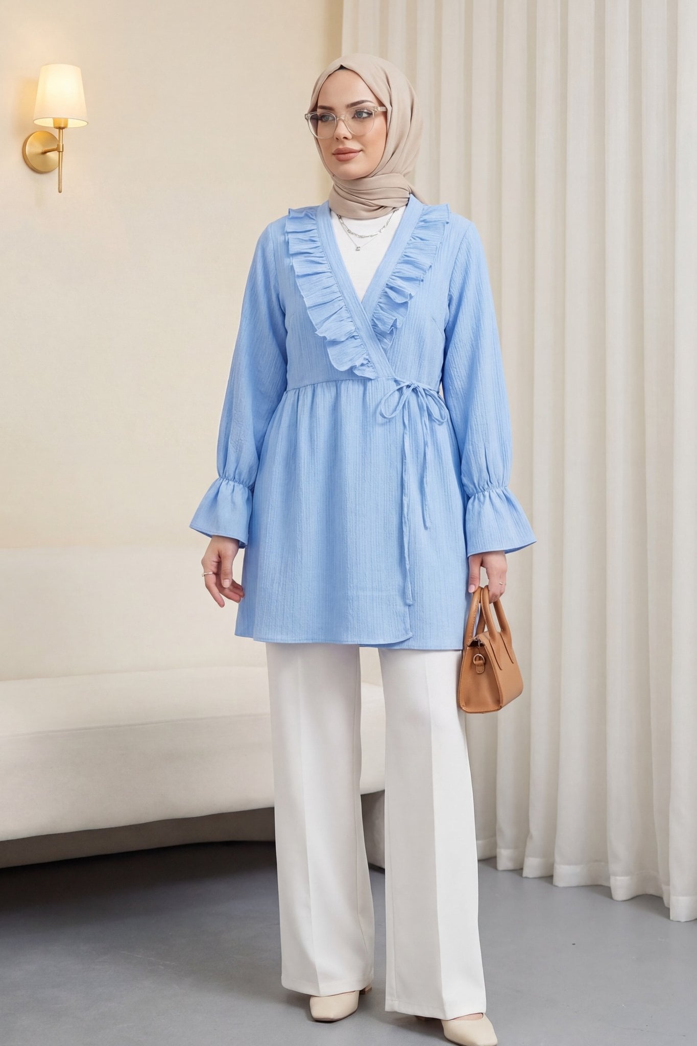 Ruffled Tie-Front Crinkle Kimono - Baby Blue - Podyumplus - by Peralane - photo 4