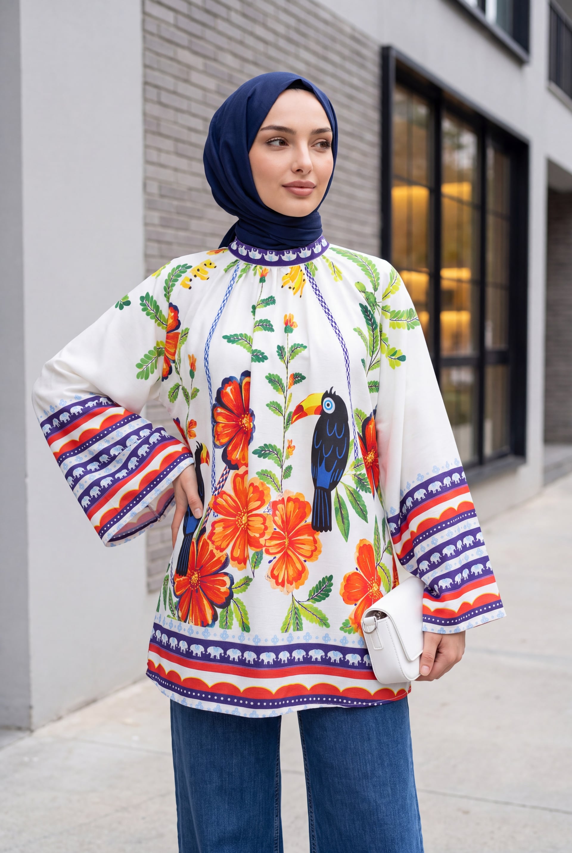White Oversize Belted Wide-Sleeve Floral Toucan Print Tunic - Podyumplus - by Peralane