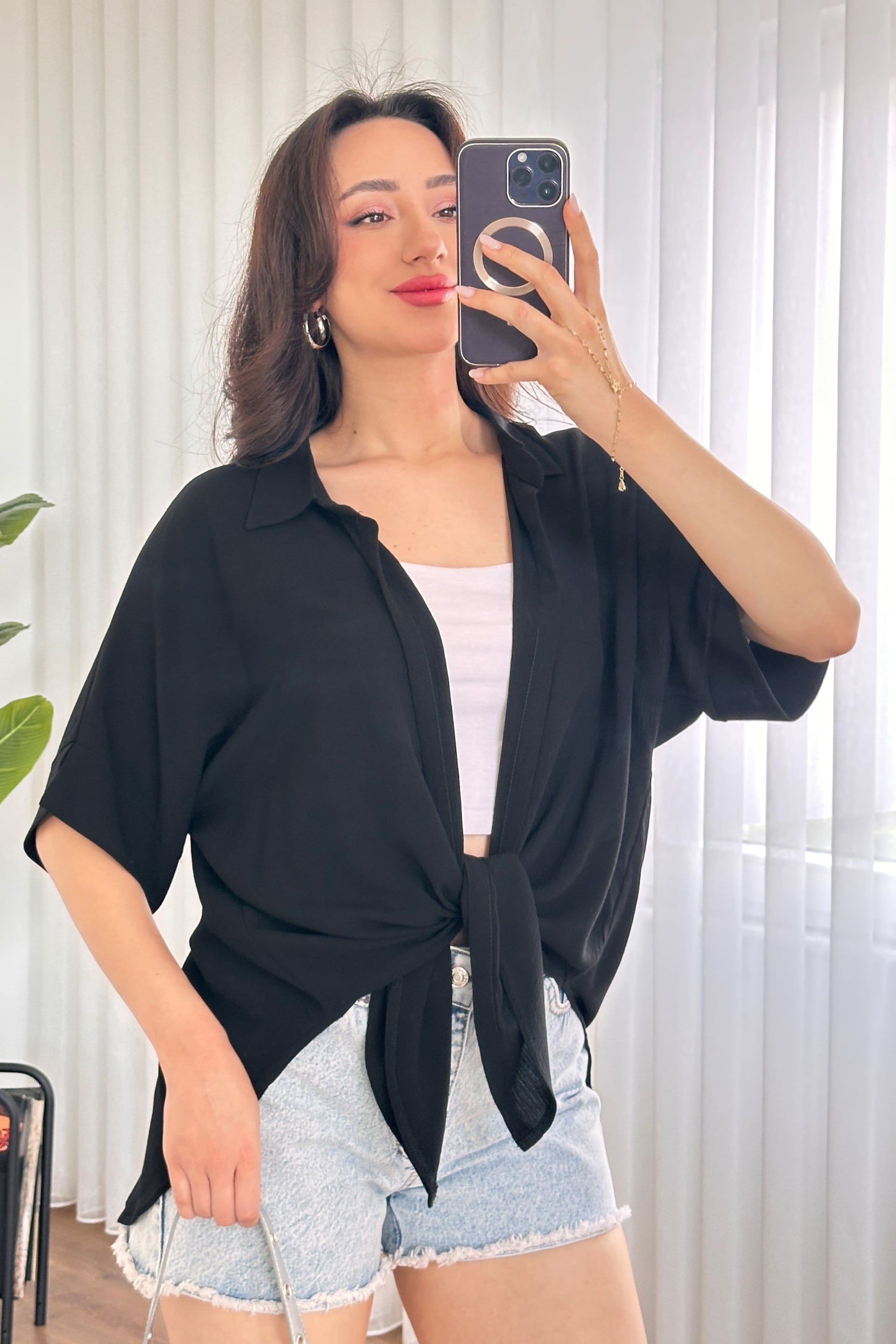 Black Short-Sleeve Tie-Neck Draped Blouse - Lustri̇n - by Peralane