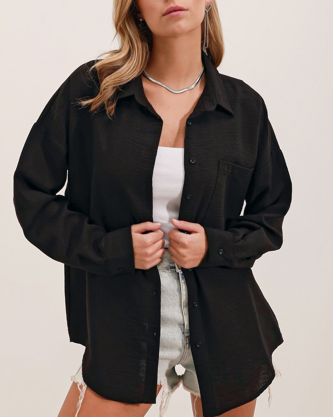 Single Pocket Oversize Linen Shirt - Black - Bigdart - by Peralane - photo 4