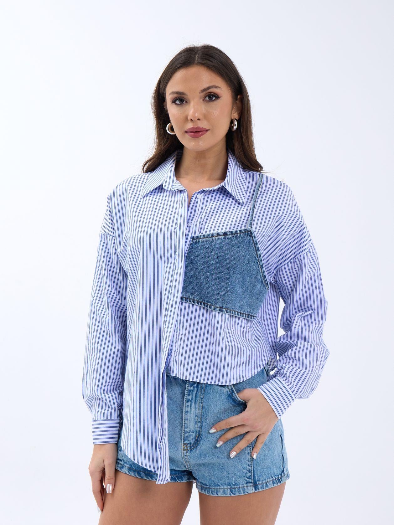 Women's Blue and White Striped Denim Overlay Blouse - Fame - by Peralane