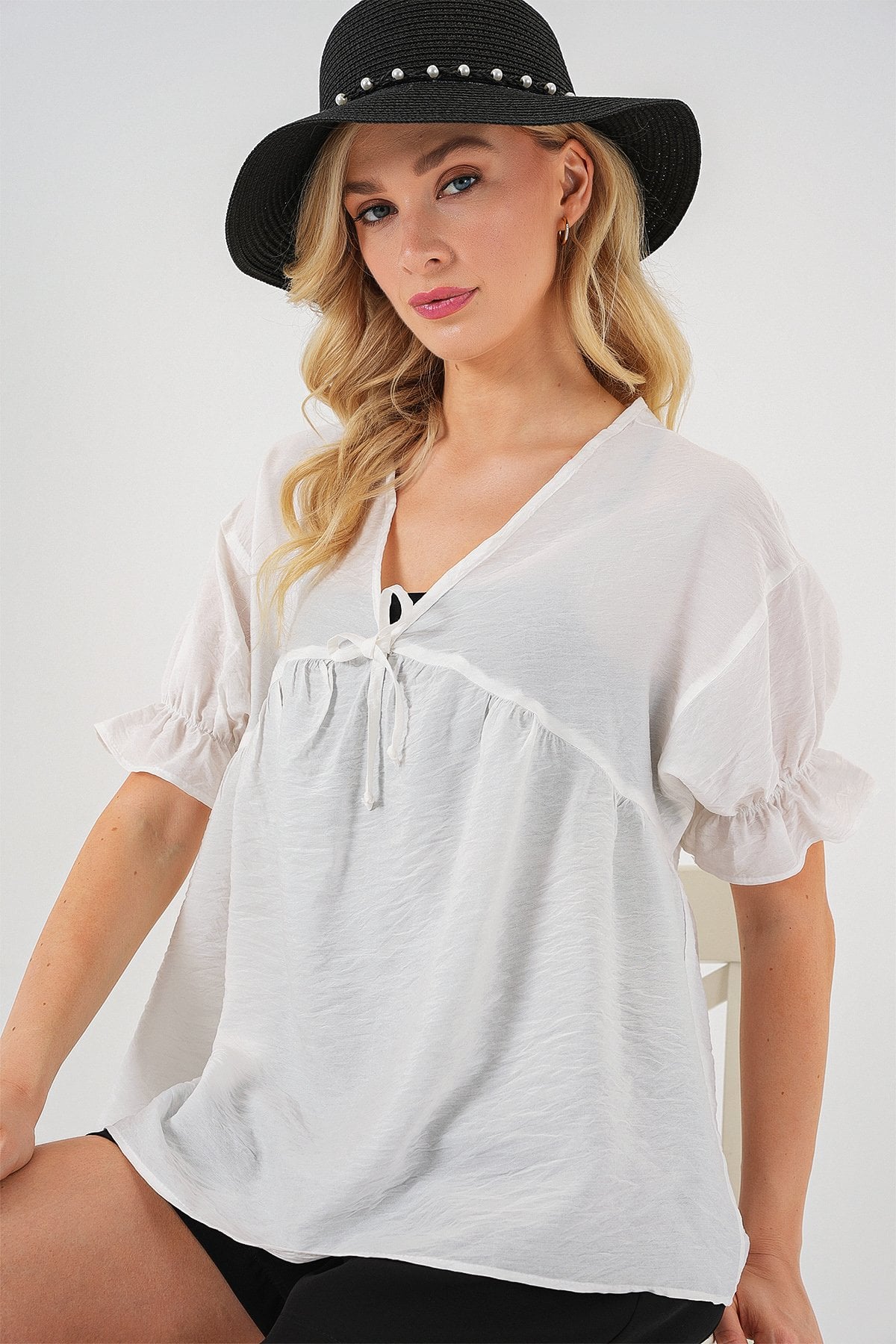 Women's White Tie-Front Short-Sleeve Blouse - Bigdart - by Peralane - photo 3