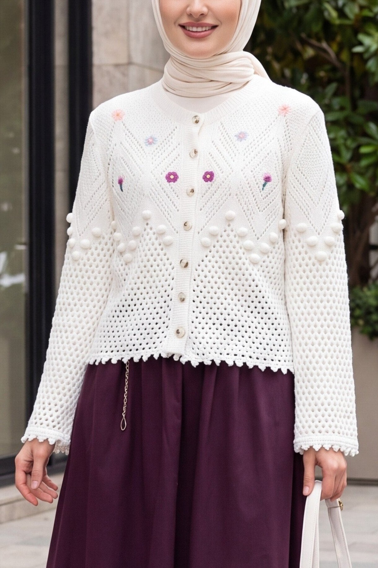 White Floral Embroidered Pom-Pom Knit Cardigan - Podyumplus - by Peralane