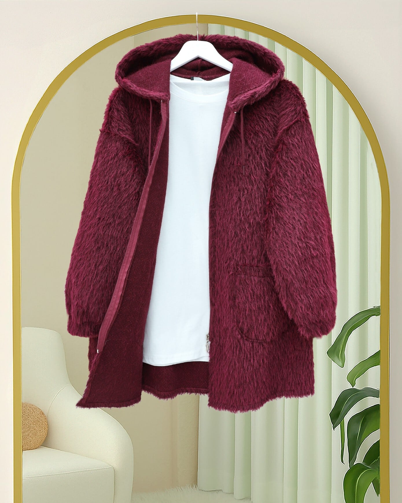 Hooded Zip-Up Fleece Jacket with Pockets - Burgundy - Podyumplus - by Peralane - photo 4