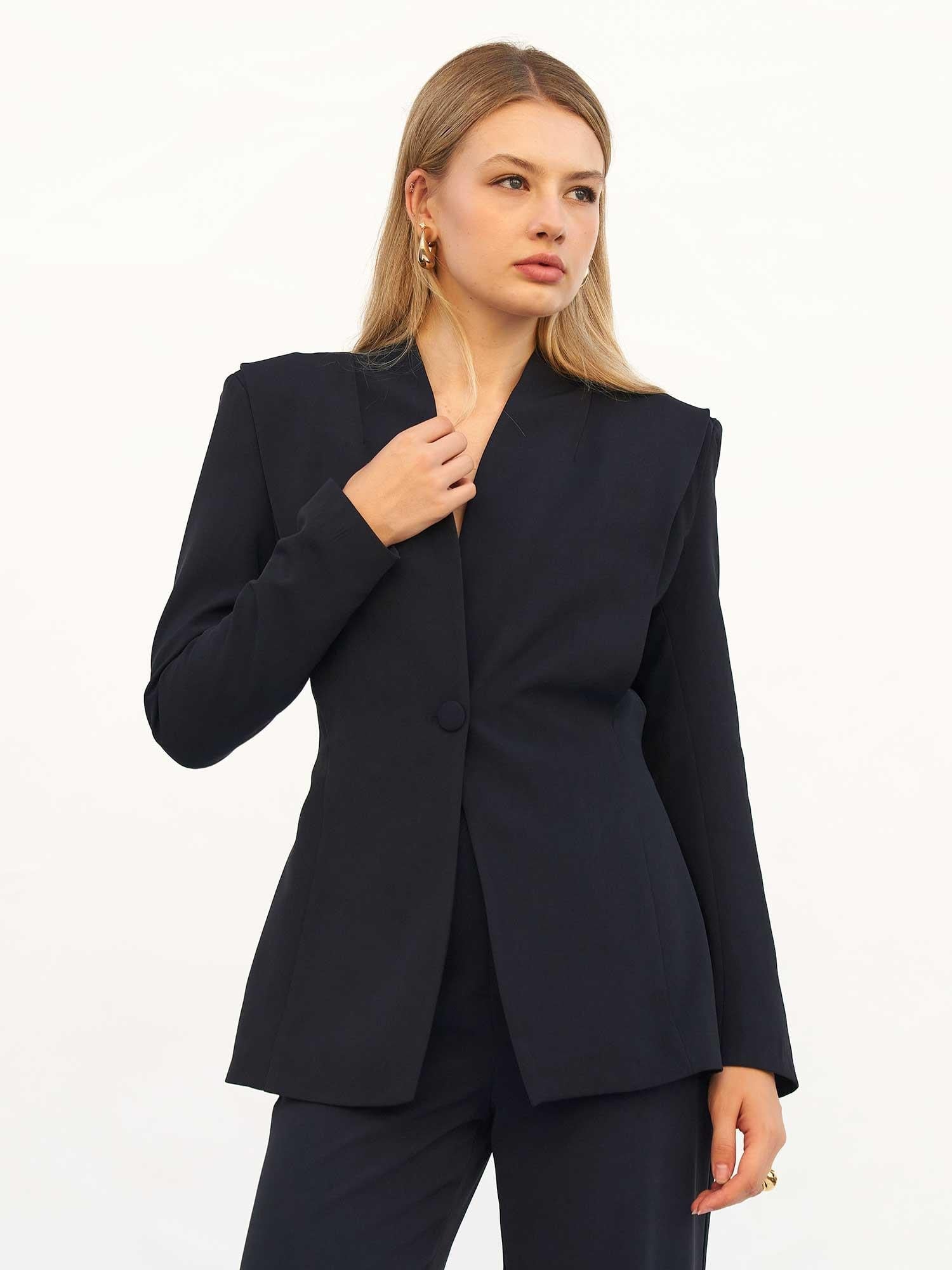 Padded V-Neck Blazer Jacket in Dark Navy - Lefon - by Peralane - photo 6