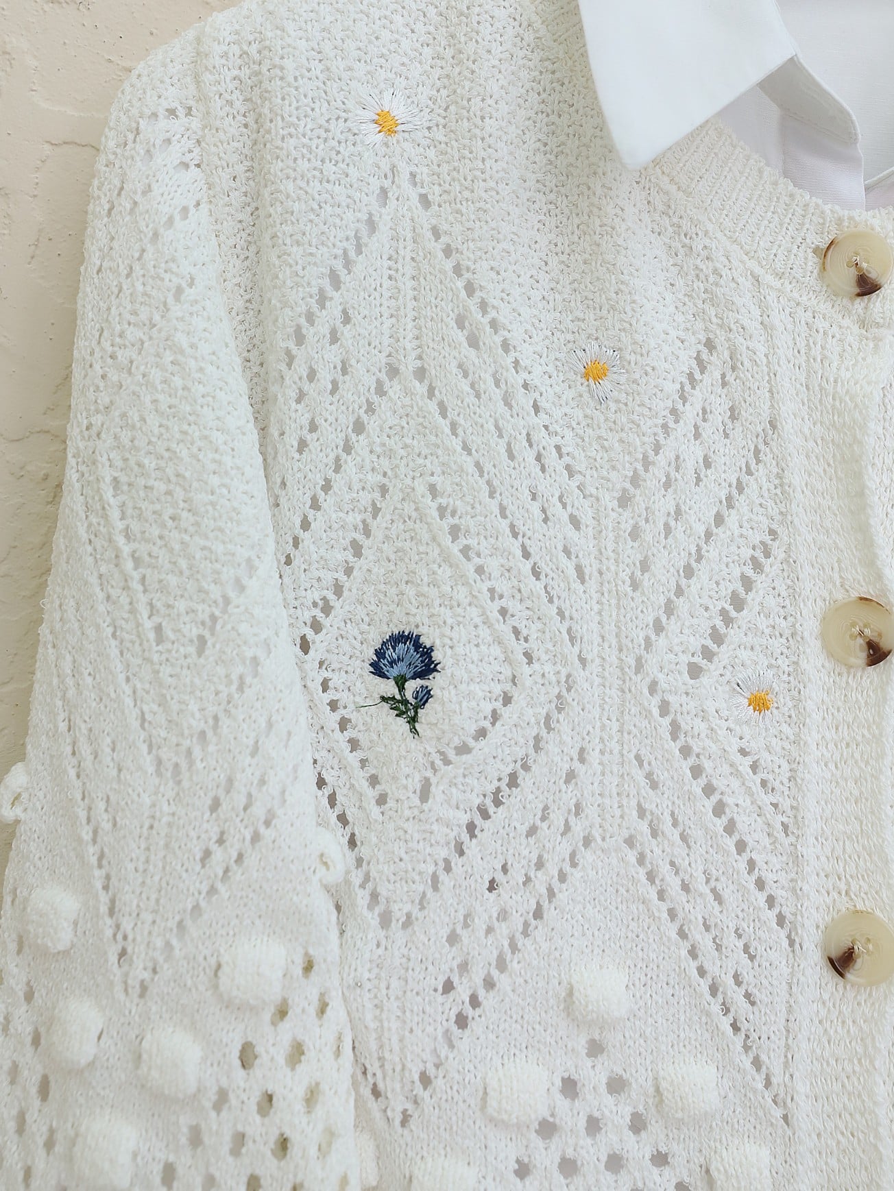 Embroidered Flower Button Knit Cardigan - Ecru - Podyumplus - by Peralane - photo 6