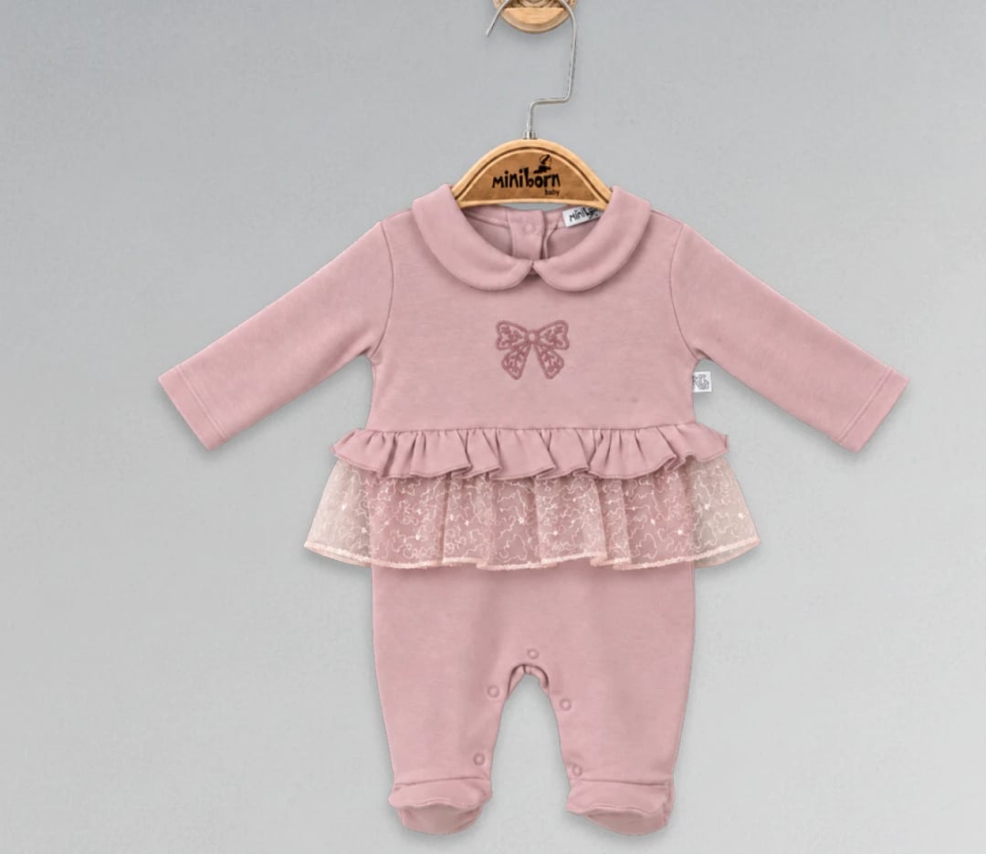 Baby Girls' Long-Sleeve Footed Romper with Bow Embroidery and Lace Skirt in Powder Pink - Miniborn - by Peralane