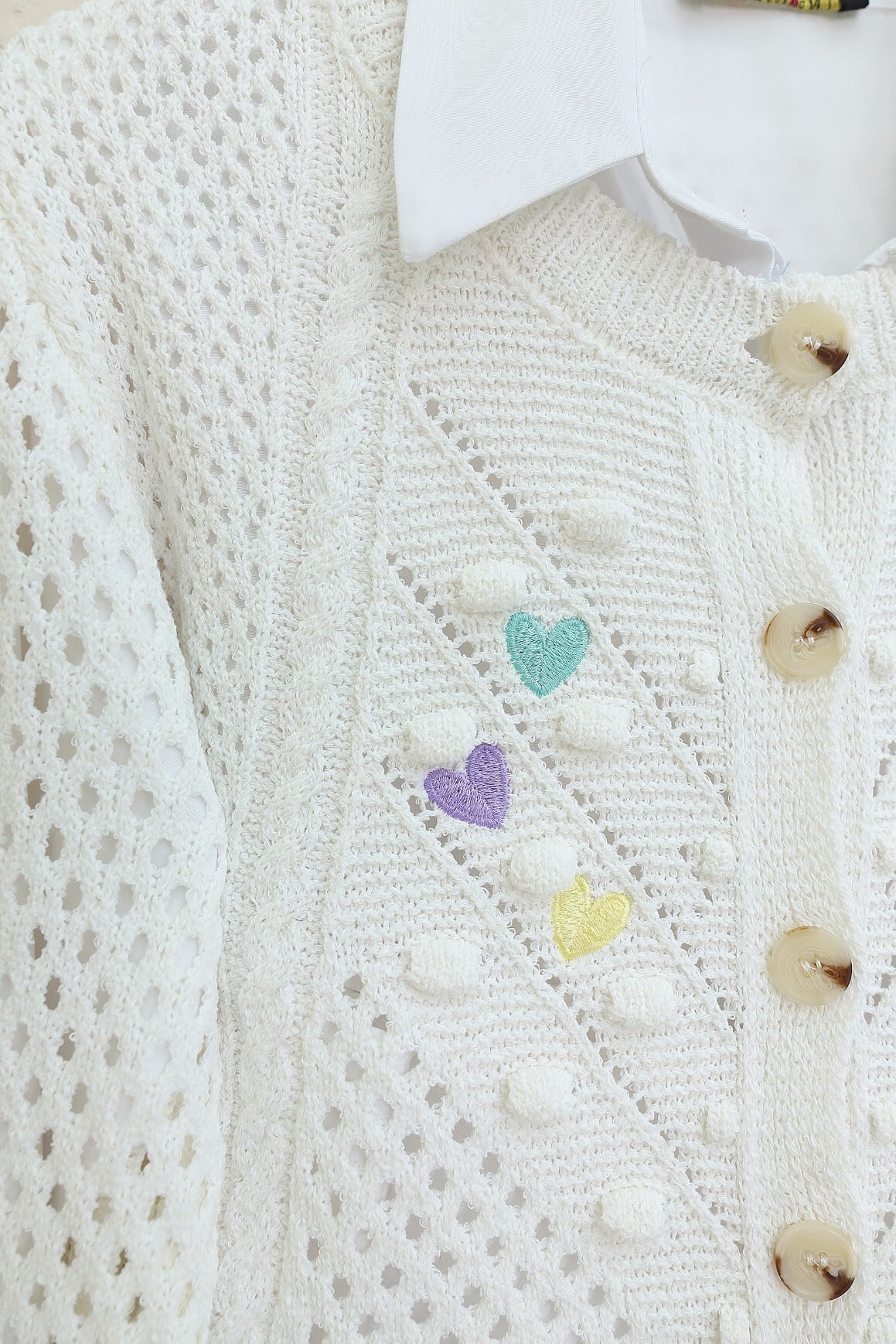 Cream Knit Cardigan with Heart Embroidery and Pompoms - Podyumplus - by Peralane - photo 7