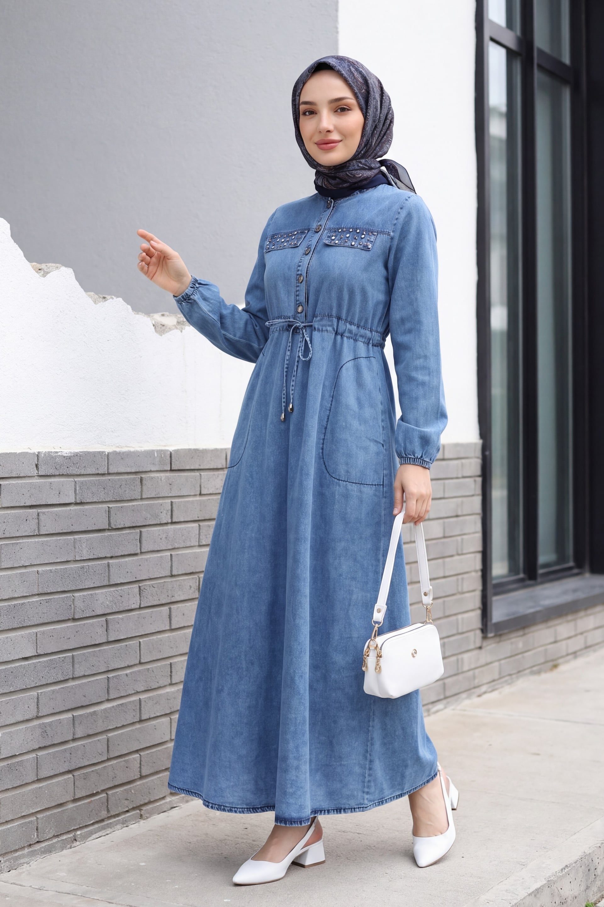 Studded Pocket Tunnel Drawstring Denim Dress - Ice Blue - Podyumplus - by Peralane - photo 2