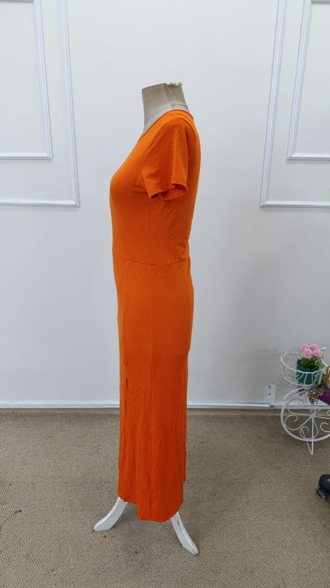 Women's Orange Midi Dress with Side Slit, Short Sleeves - Janes - by Peralane - photo 5