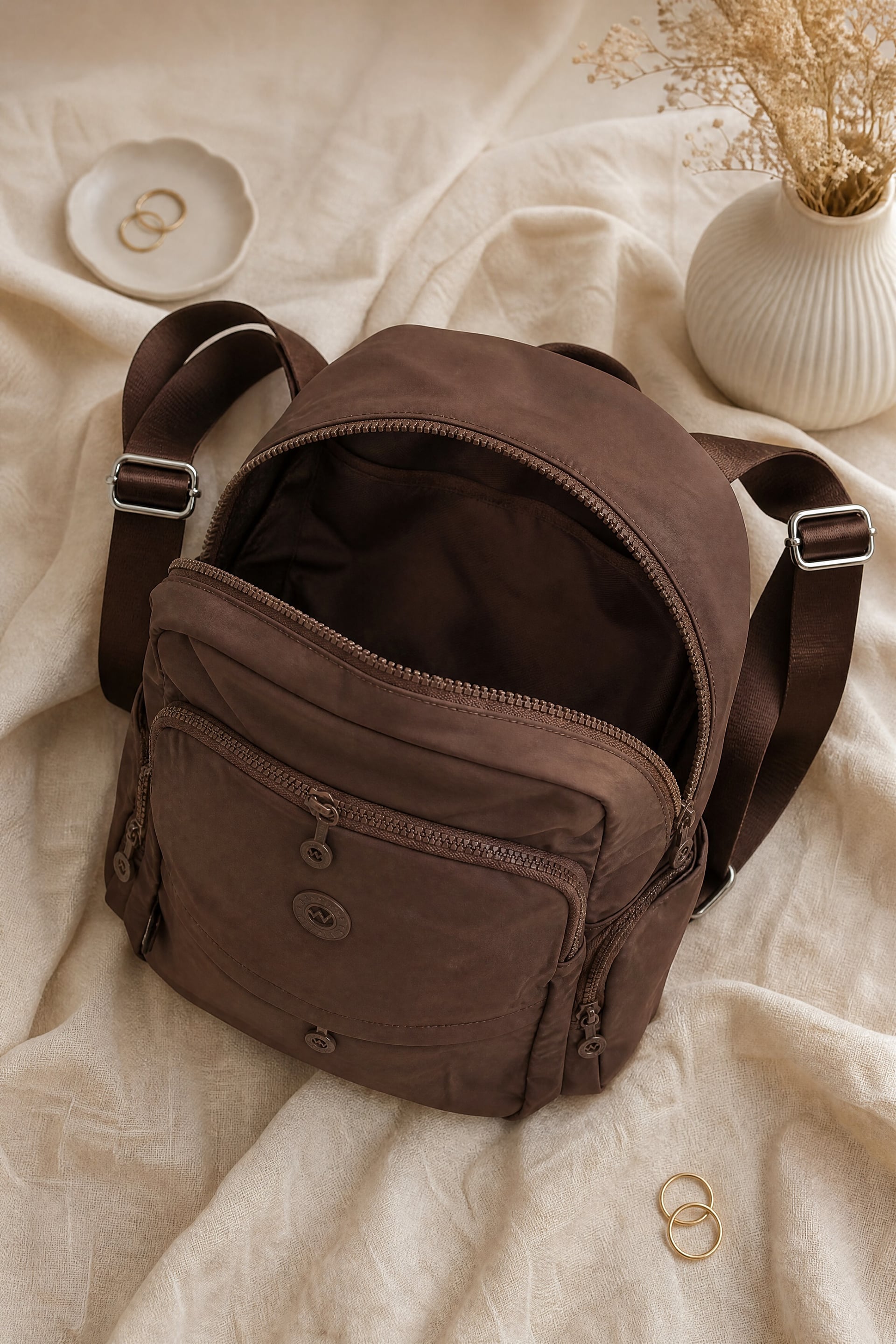 Multi-Compartment Water-Repellent Daily Backpack - Brown - Podyumplus - by Peralane - photo 2