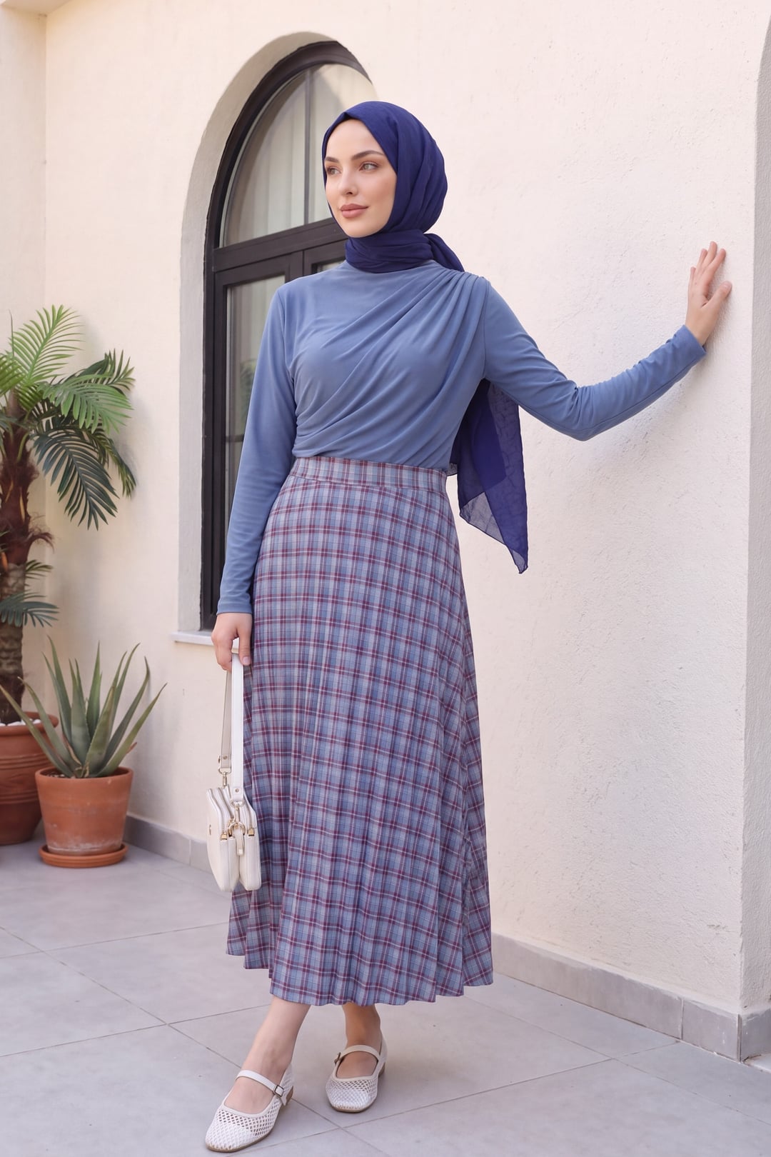 Elasticated Waist Plaid Polyviscose Skirt - Indigo - Podyumplus - by Peralane