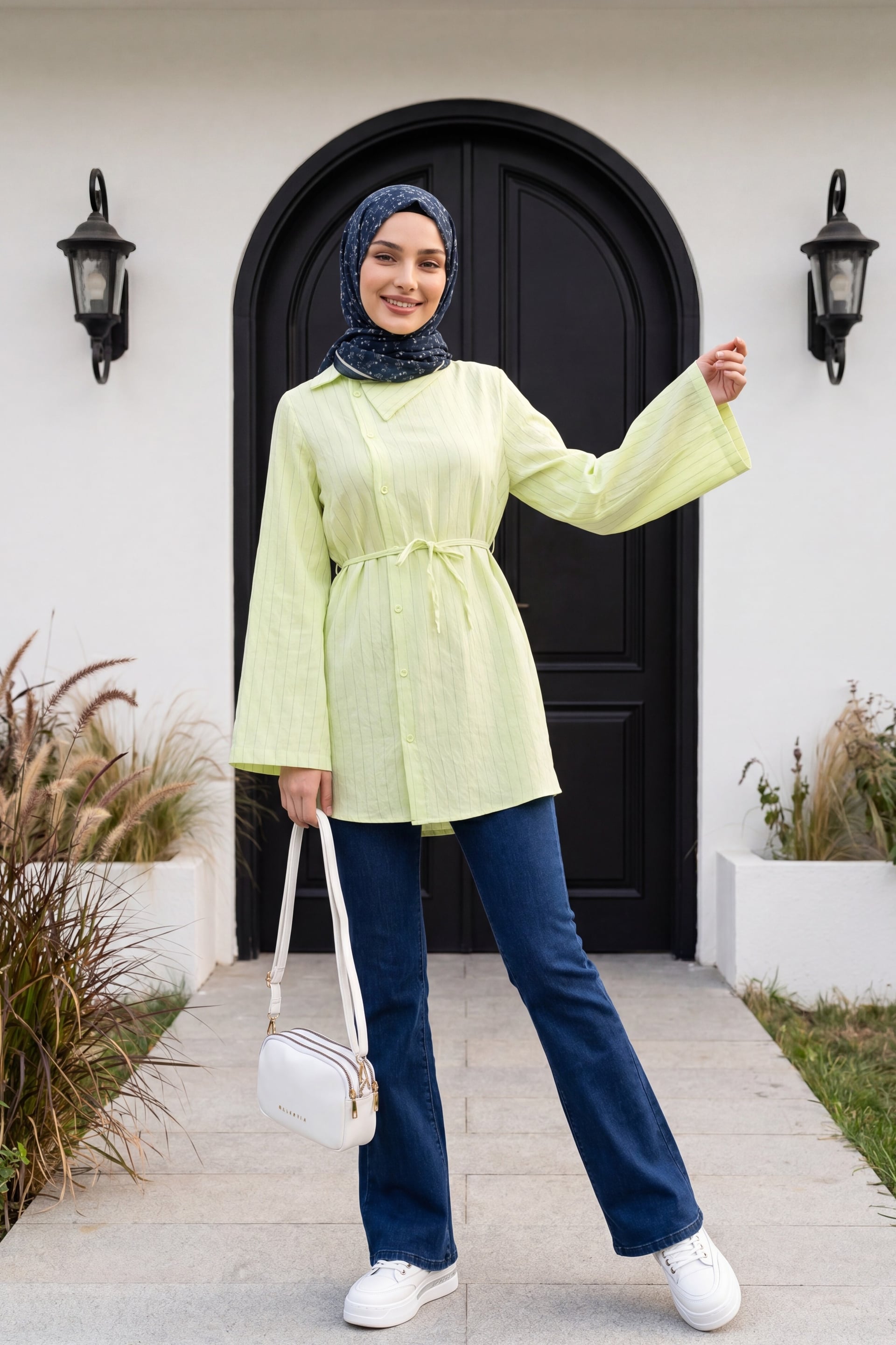 Side Collar Full-Button Striped Crinkle Tie Blouse - Light Yellow - Podyumplus - by Peralane - photo 3