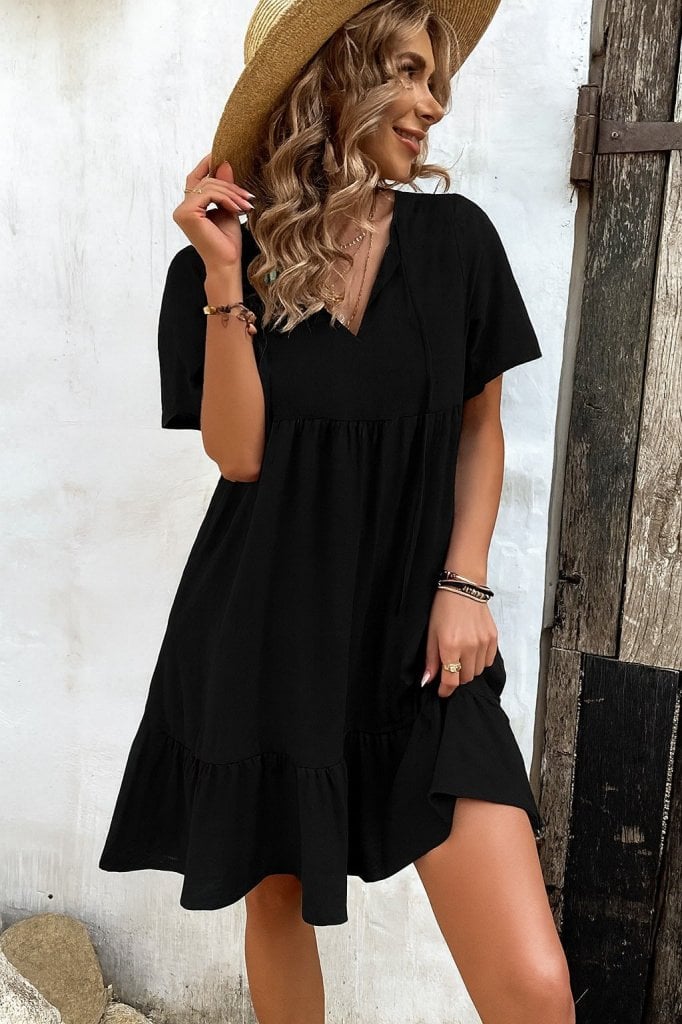 Women's Short-Sleeved Tie-Neck Button-Front Ruffle Suprem Dress - Janes - by Peralane - photo 2