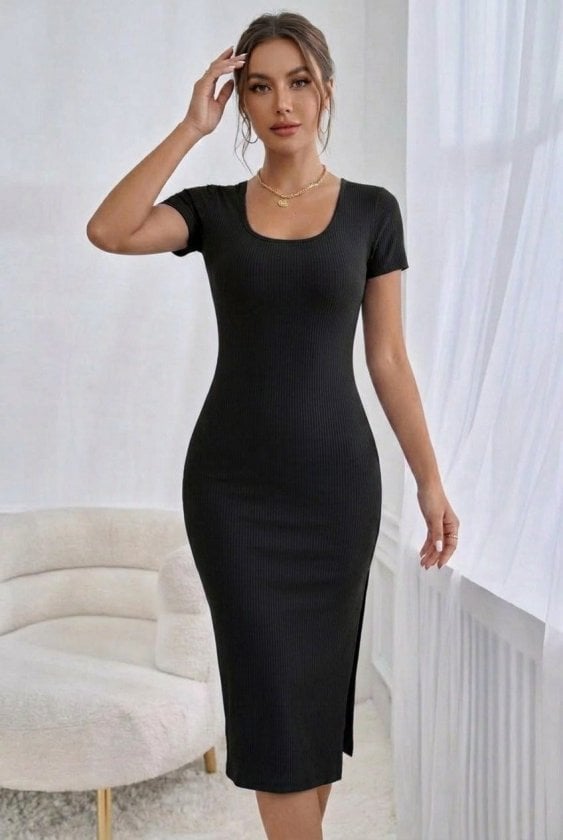 Women's Black Short-Sleeved Scoop Neck Midi Slip Dress with Side Slit - Janes - by Peralane - photo 4