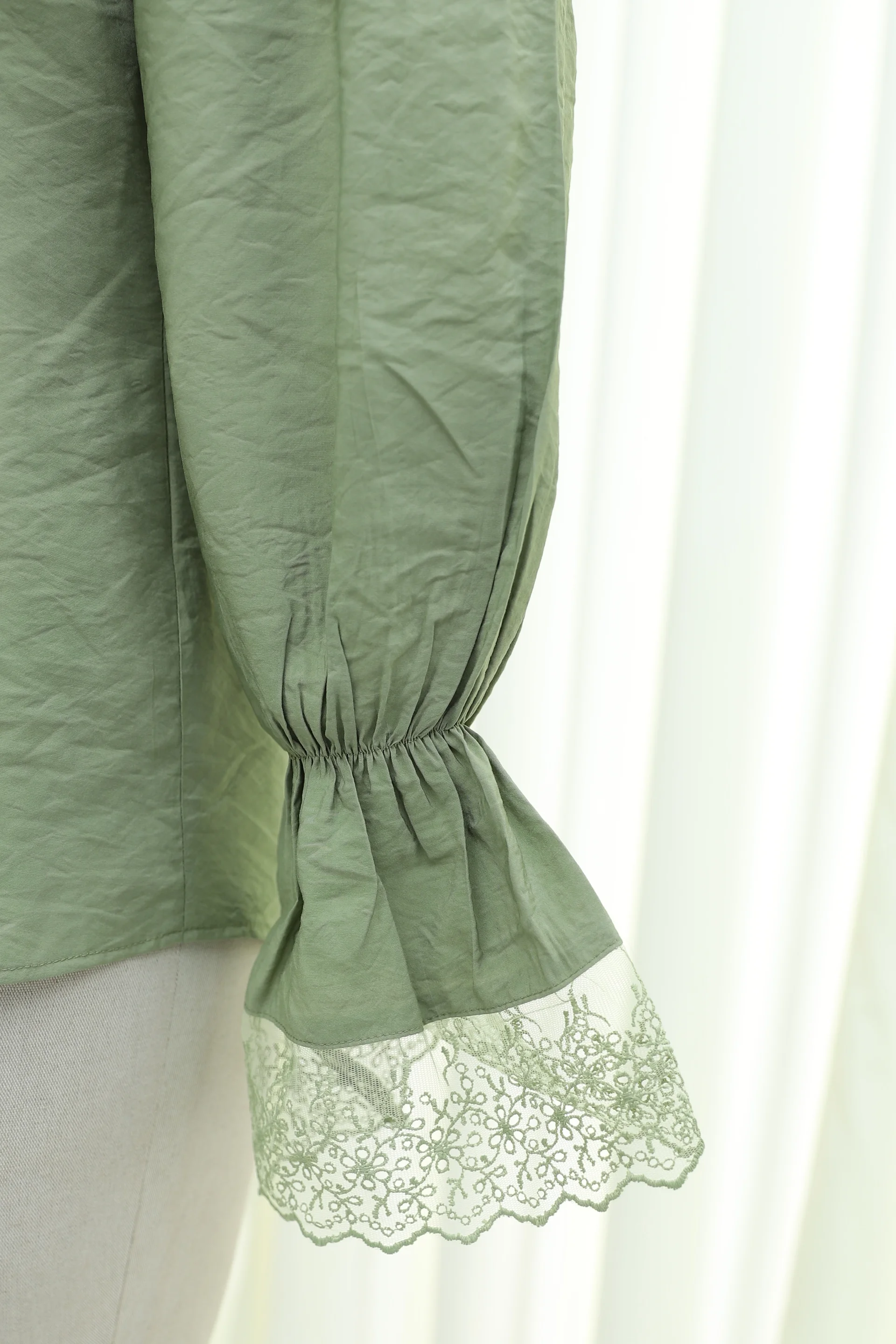 High Neck Long Sleeve Lace Detail Buttoned Modal Blouse in Sage Green - Podyumplus - by Peralane - photo 8