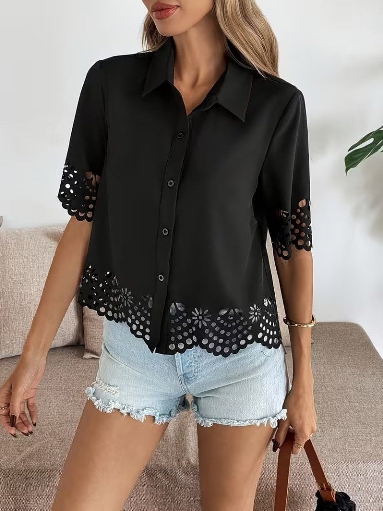 Women's Black Short Sleeve Collared Button-Front Blouse with Laser-Cut Floral Hem - Janes - by Peralane - photo 3