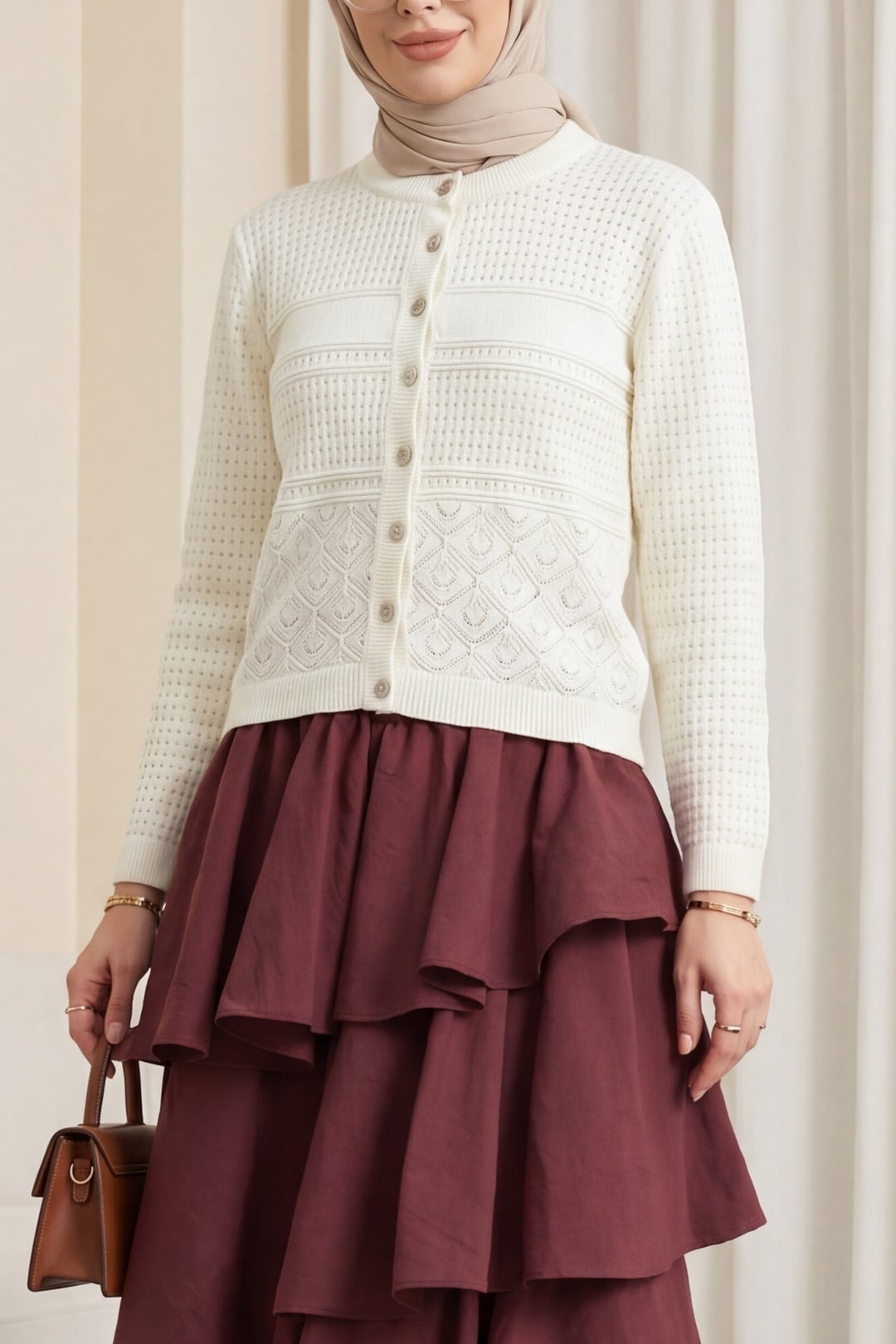 Round Neck Lace Button Knit Cardigan - White - Podyumplus - by Peralane