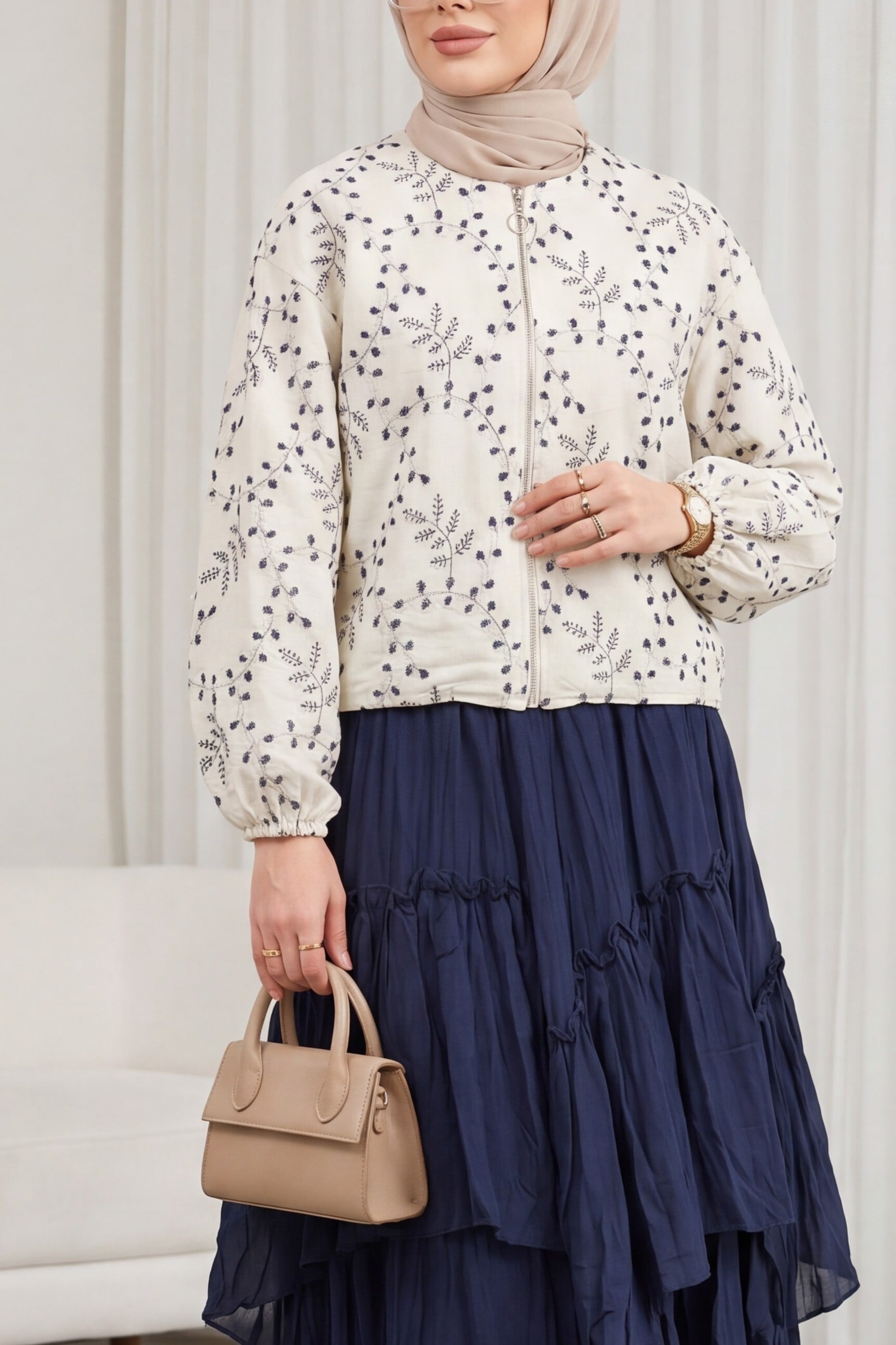 Round Neck Zip Embroidered Pocket Linen Look Jacket - Stone - Podyumplus - by Peralane