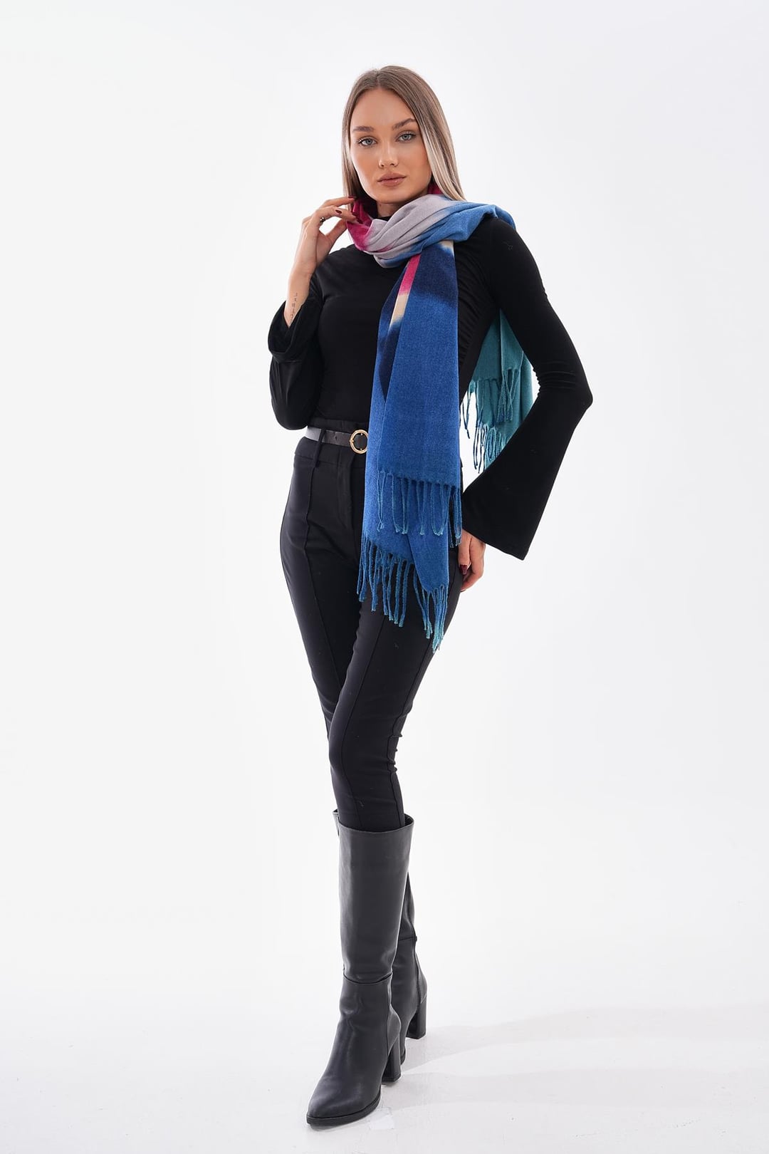 Multicolor Sax Blue Thick Fringed Scarf - Nesvay - by Peralane - photo 3