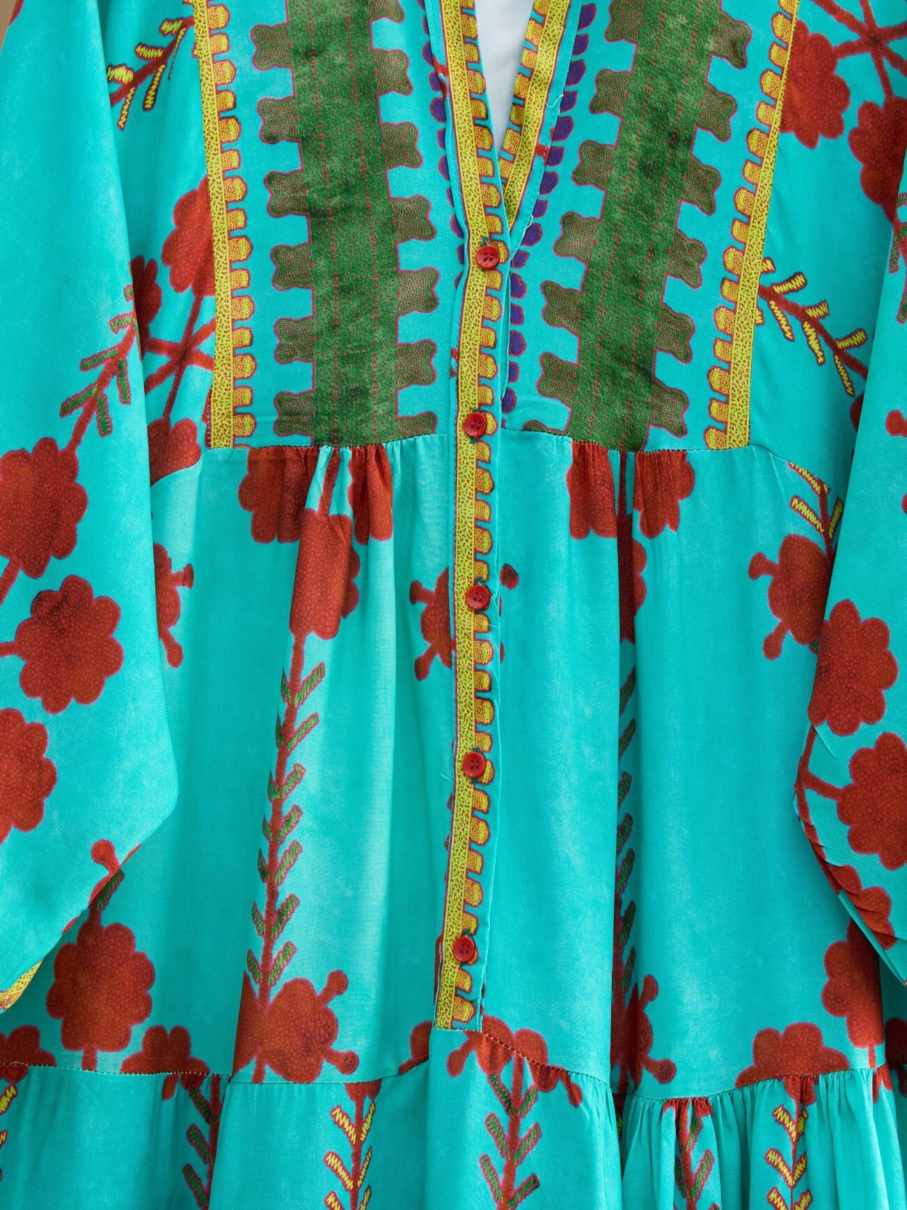 Turquoise Floral Printed Viscose Dress with Stand Collar and Button Front - Podyumplus - by Peralane - photo 2