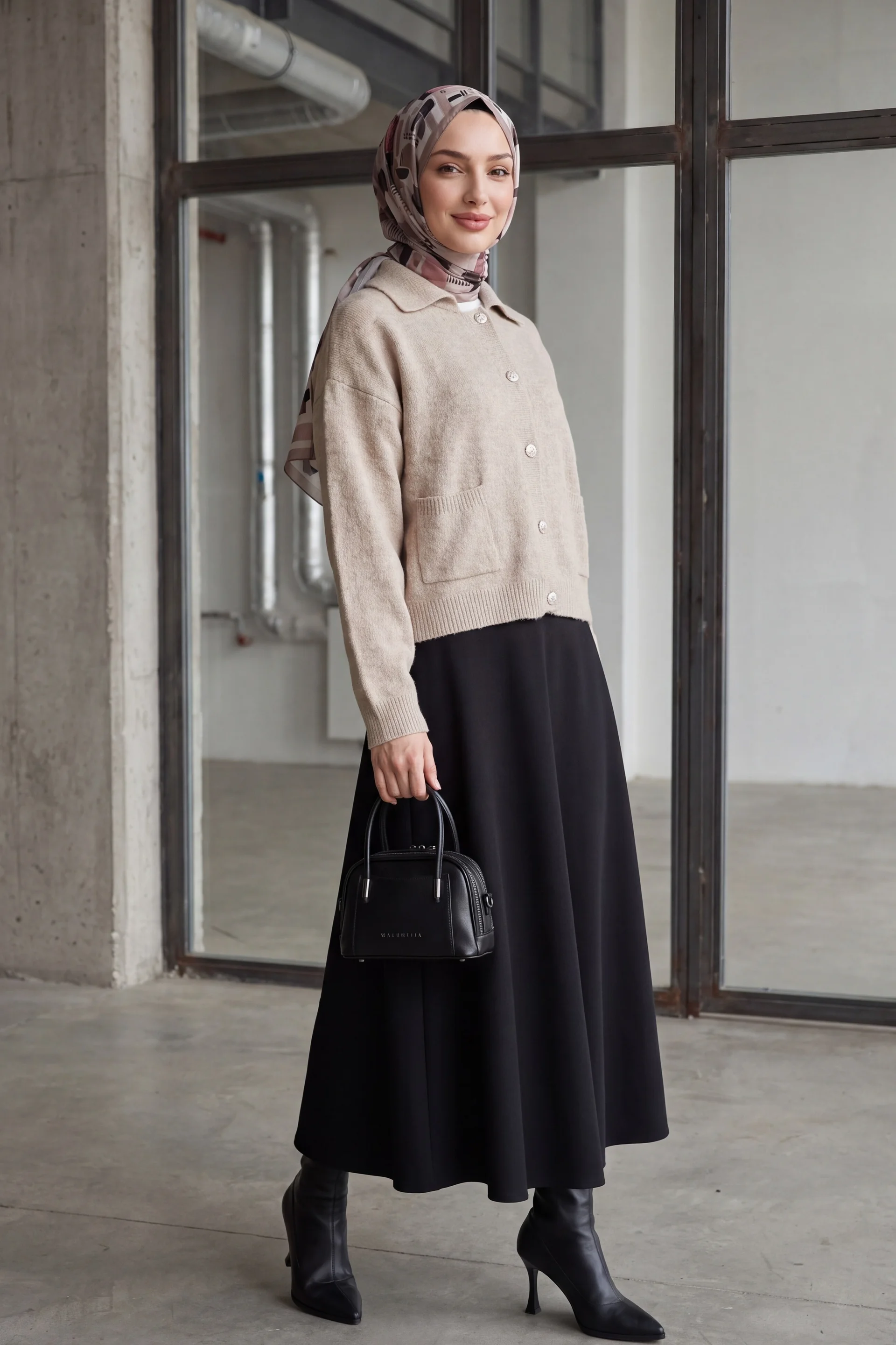 Womens Beige Knit Cardigan with Collar and Pockets - Podyumplus - by Peralane - photo 5