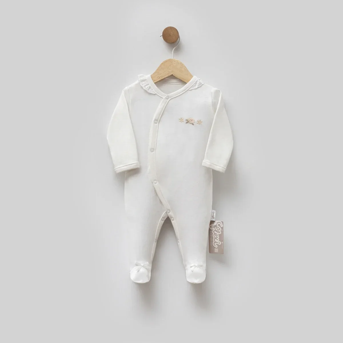 Baby Romper with Lace Trim and Footies - Ecru - Flexi Baby - by Peralane