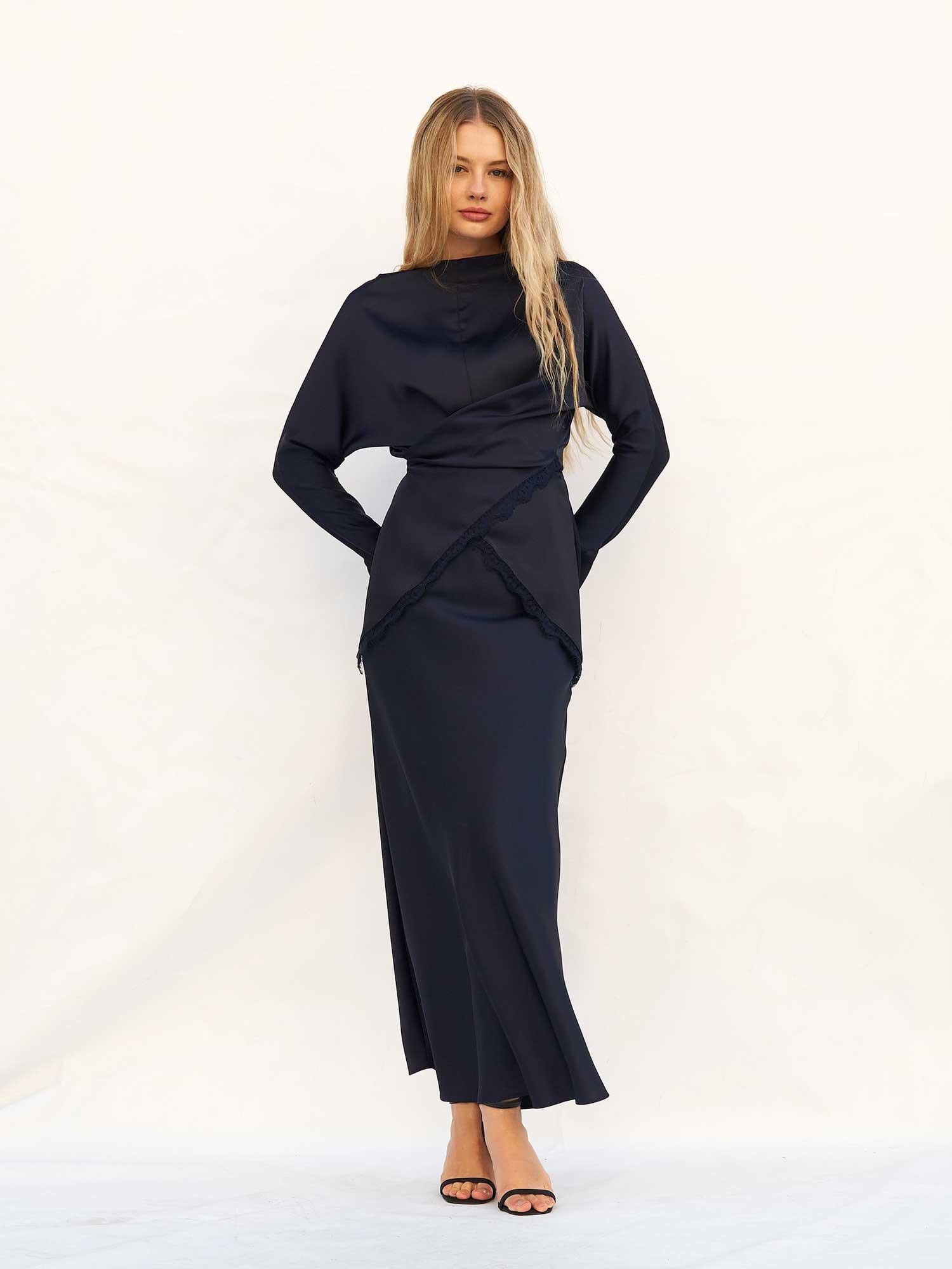 Navy Blue Satin Wrap Dress with Lace Trim - Lefon - by Peralane - photo 4