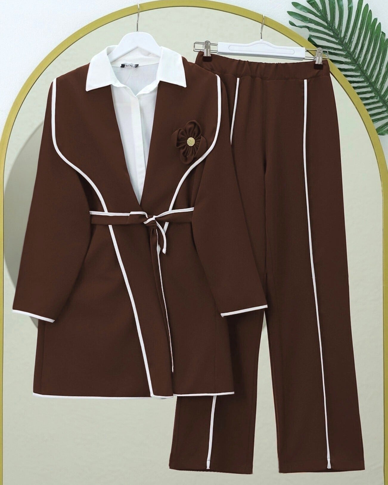 Belted Piped Tunic and Trousers Set - Brown - Podyumplus - by Peralane
