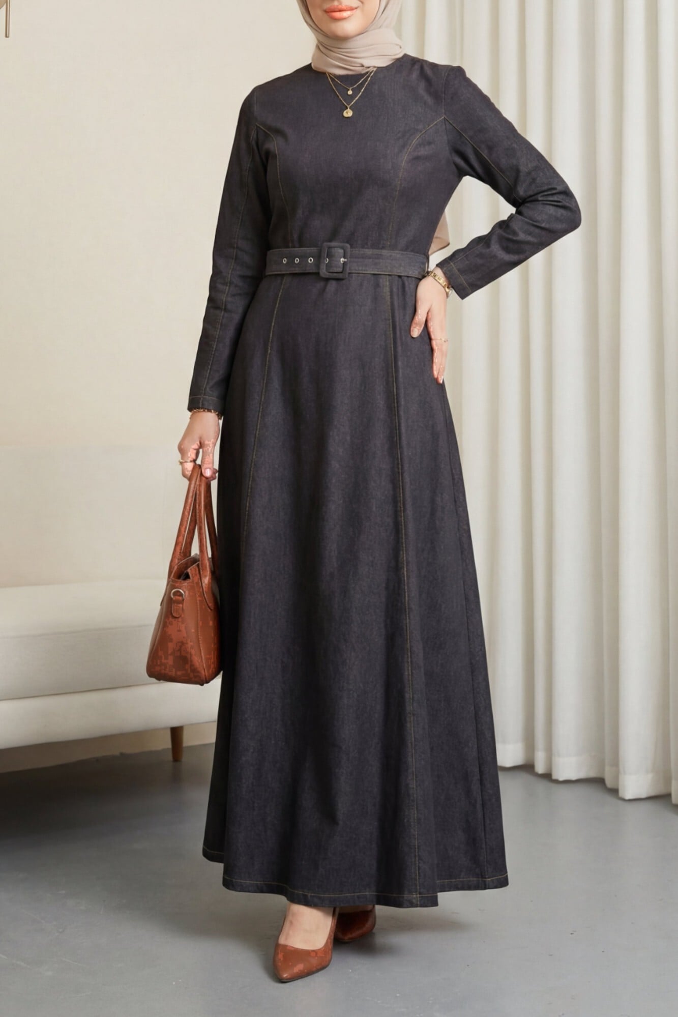 Flared Skirt Zip Belted Denim Dress - Anthracite - Podyumplus - by Peralane - photo 5