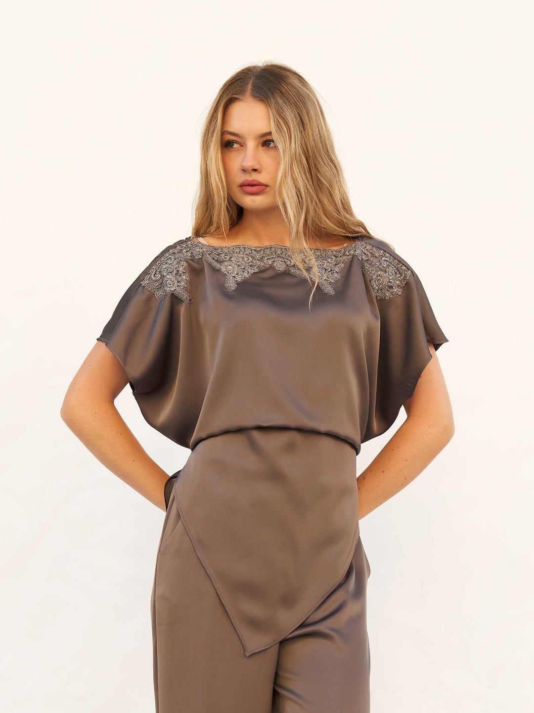 Lace Collar Asymmetric Satin Blouse and Trousers Set - Lefon - by Peralane - photo 2