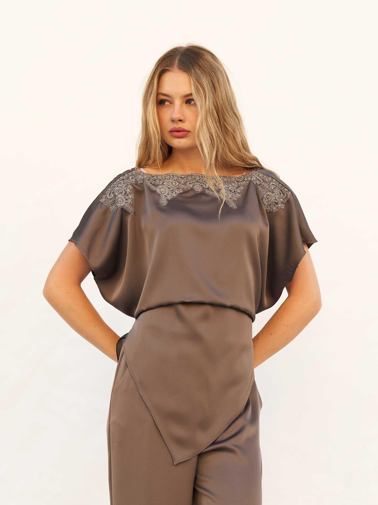 Lace Collar Asymmetric Satin Blouse and Trousers Set - Lefon - by Peralane - photo 2