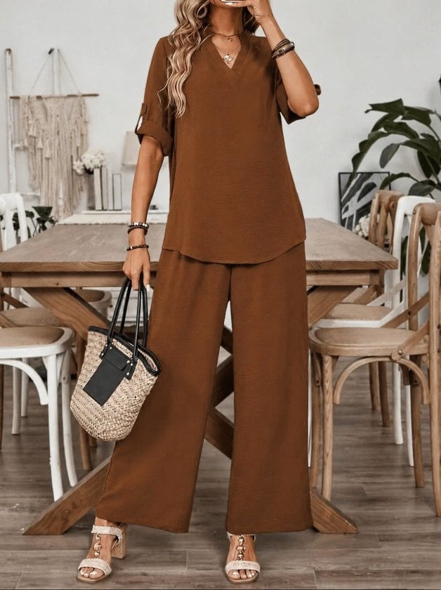 Women's Brown V-Neck Short Sleeve Blouse and Wide-Leg Trouser Two-Piece Set - Janes - by Peralane - photo 2