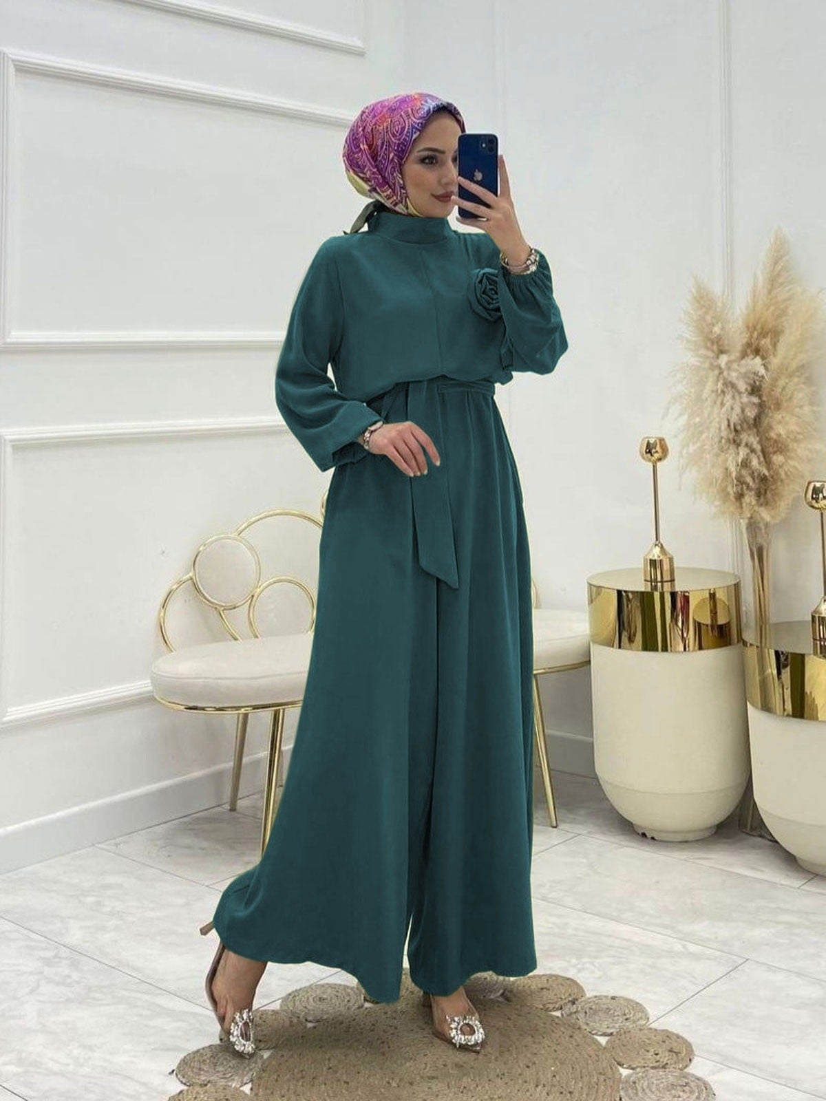 High Neck Belted Rose Detail Jumpsuit - Petrol - Podyumplus - by Peralane - photo 2