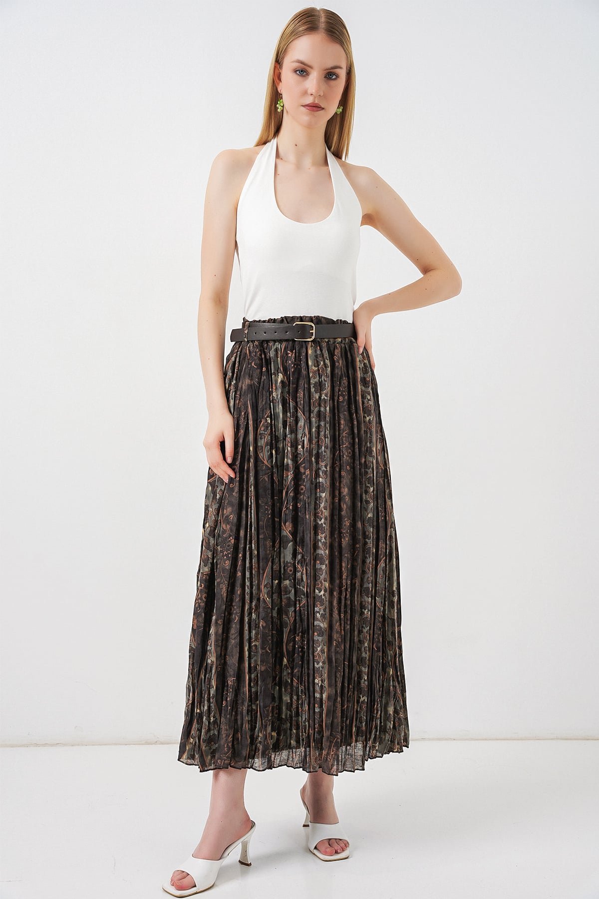 Women's Belted Patterned Midi Skirt 8074 - Dark Brown Paisley - Bigdart - by Peralane - photo 6