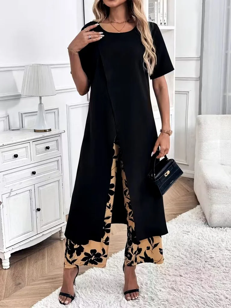 Women's Short Sleeve Viscose Tunic and Patterned Two-Thread Trousers Two-Piece Set - Janes - by Peralane