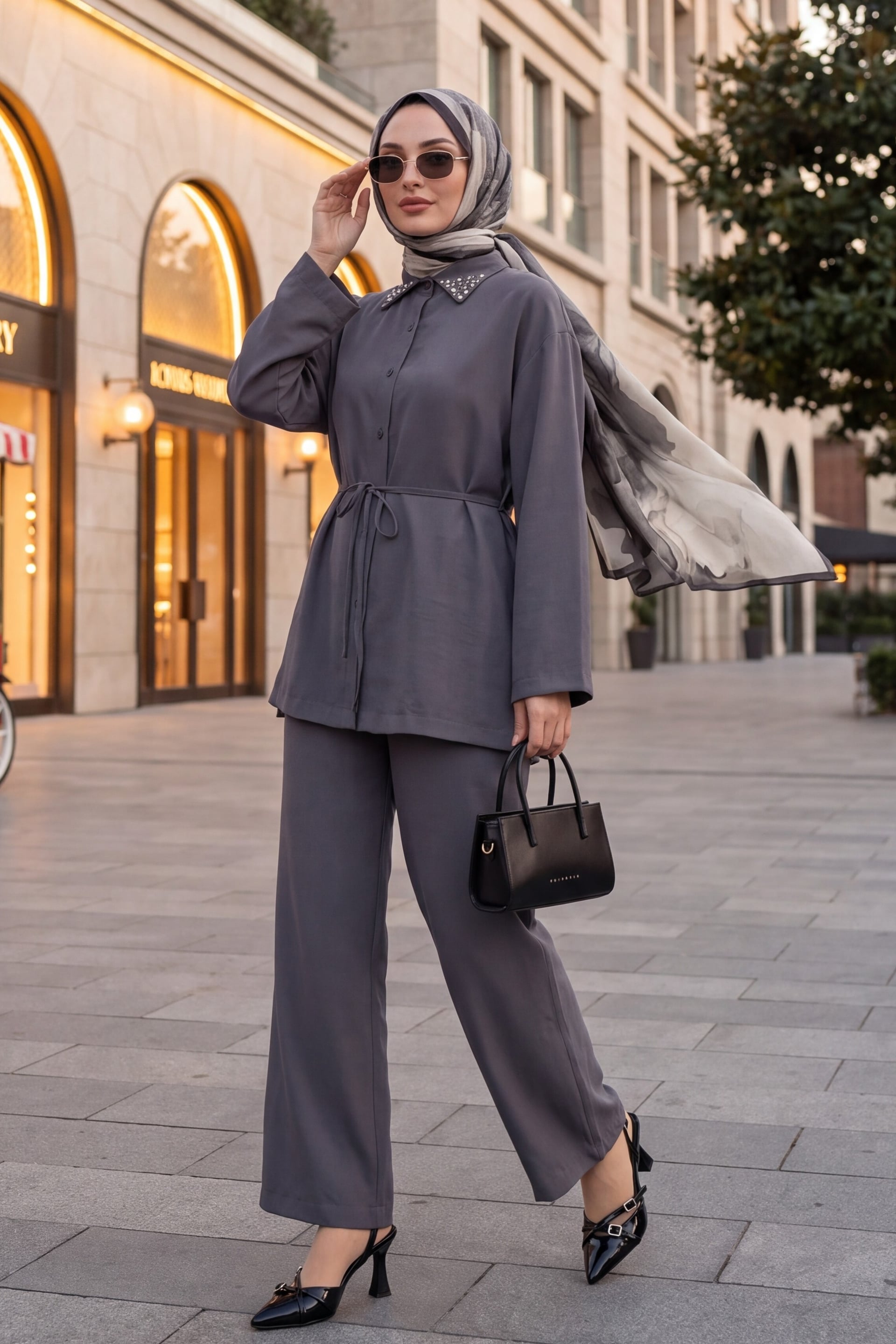Studded Collar Tie-Waist Tunic and Wide-Leg Trousers Set - Smoke - Podyumplus - by Peralane - photo 2