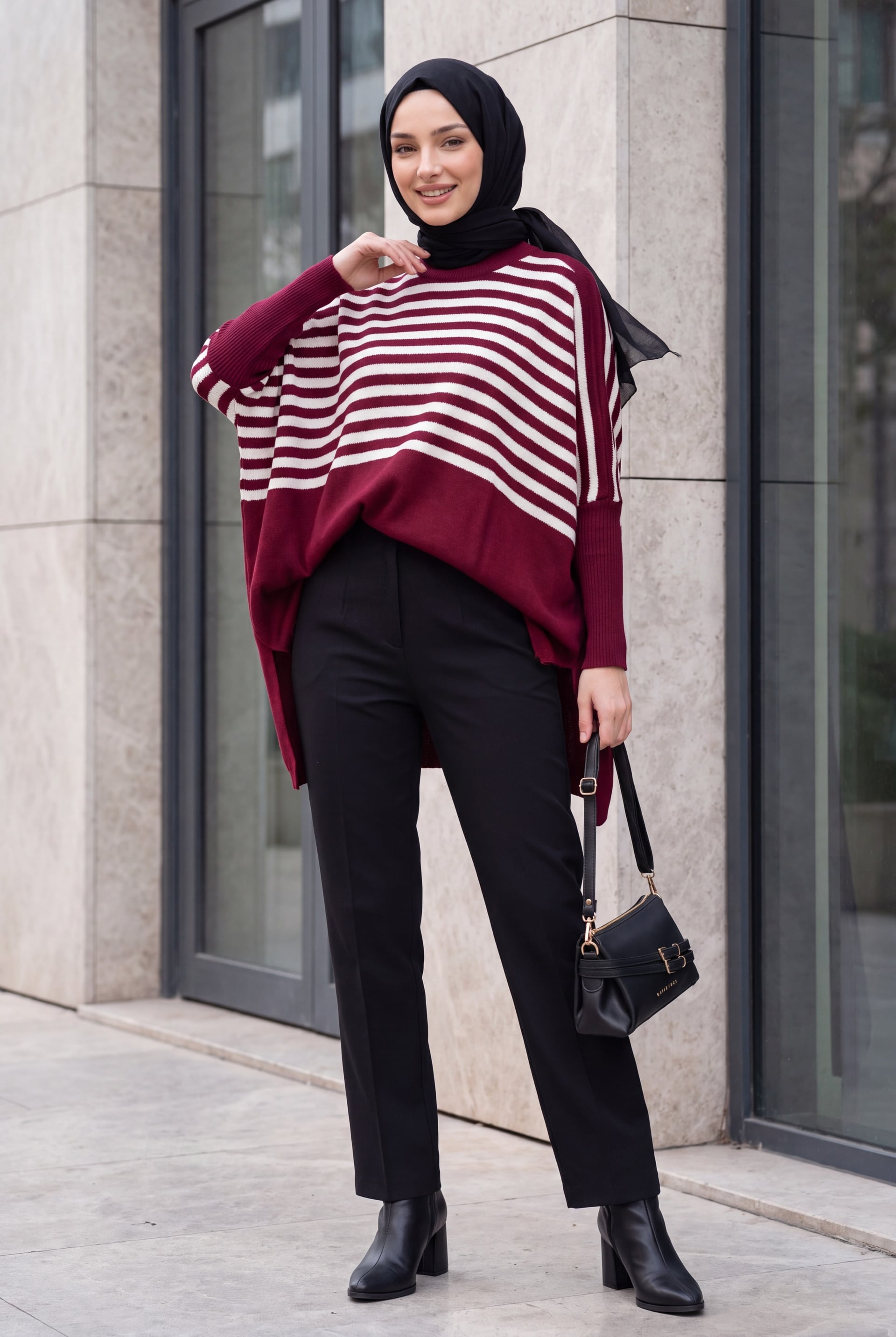 Side Slit Oversize Poncho Knit Sweater - Burgundy - Bigdart - by Peralane - photo 4