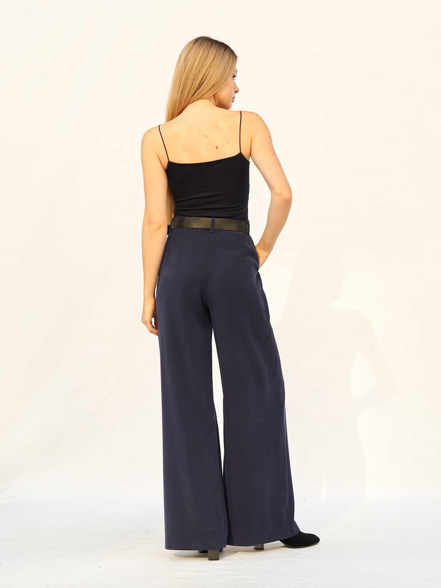 Navy Blue Belted Pleated Palazzo Trousers - Lefon - by Peralane - photo 3