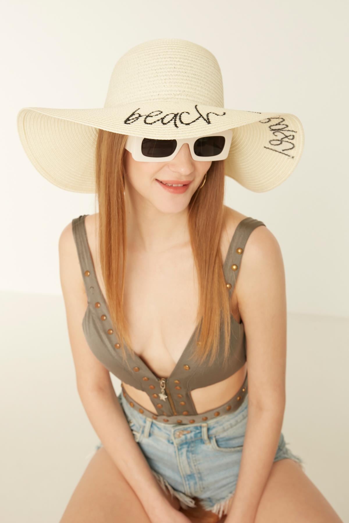 Ecru Straw Cloche Hat with "Beach Please" Embroidery - Nesvay - by Peralane