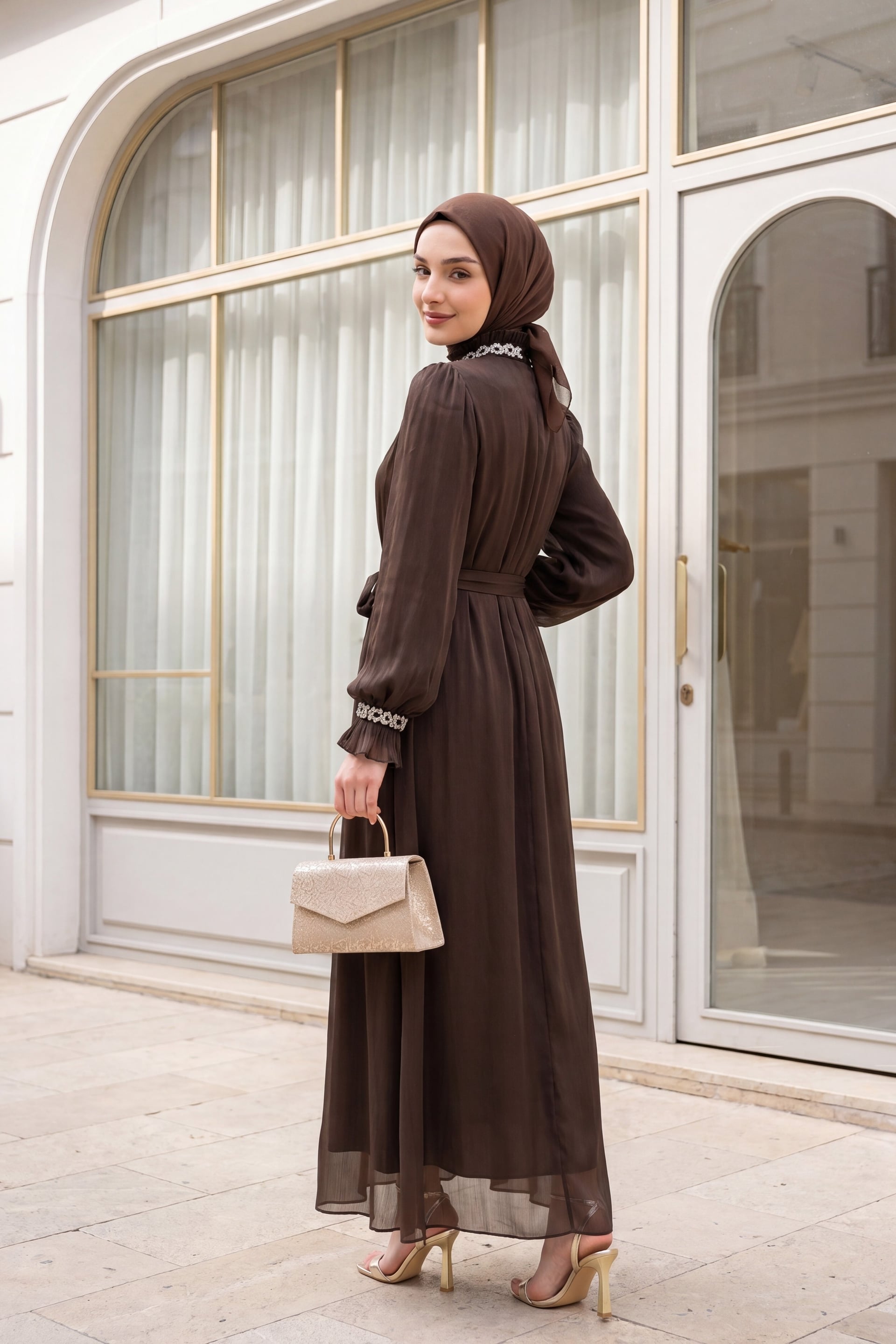Jeweled Neck and Cuff Balloon Sleeve Iridescent Chiffon Evening Dress with Belt - Brown - Podyumplus - by Peralane - photo 2
