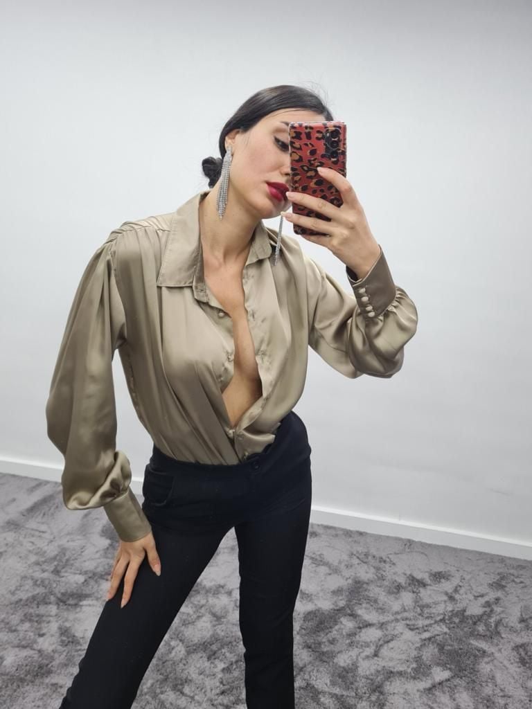 Champagne Satin Blouse with Pearl Buttons and Balloon Sleeves - My Bee - by Peralane