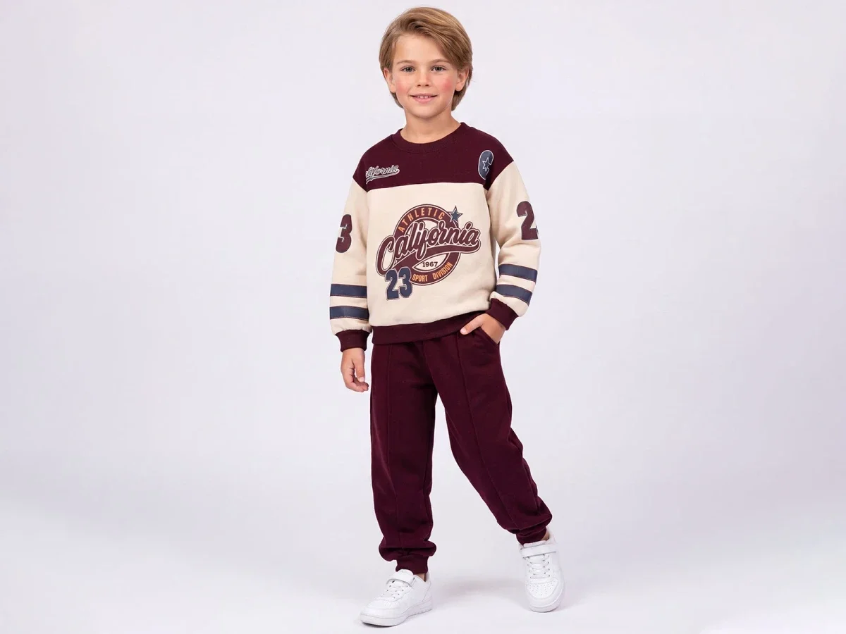 Boys' 3-Thread Fleece Sweatshirt and Trousers Set - Burgundy and Cream - Feely Kids - by Peralane