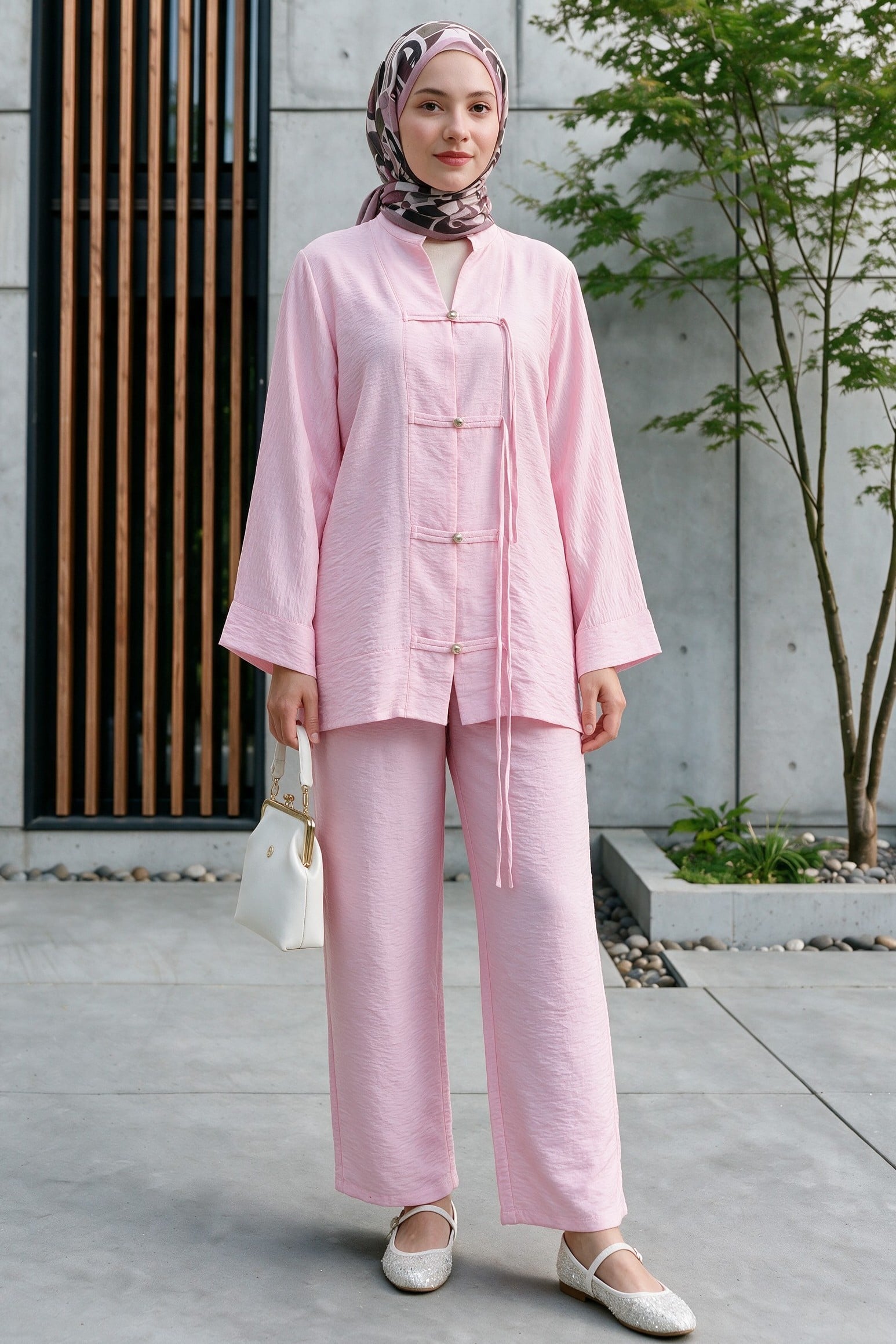 Pink Stone-Button Wide-Leg Tunic and Trousers Two-Piece Set - Podyumplus - by Peralane - photo 2