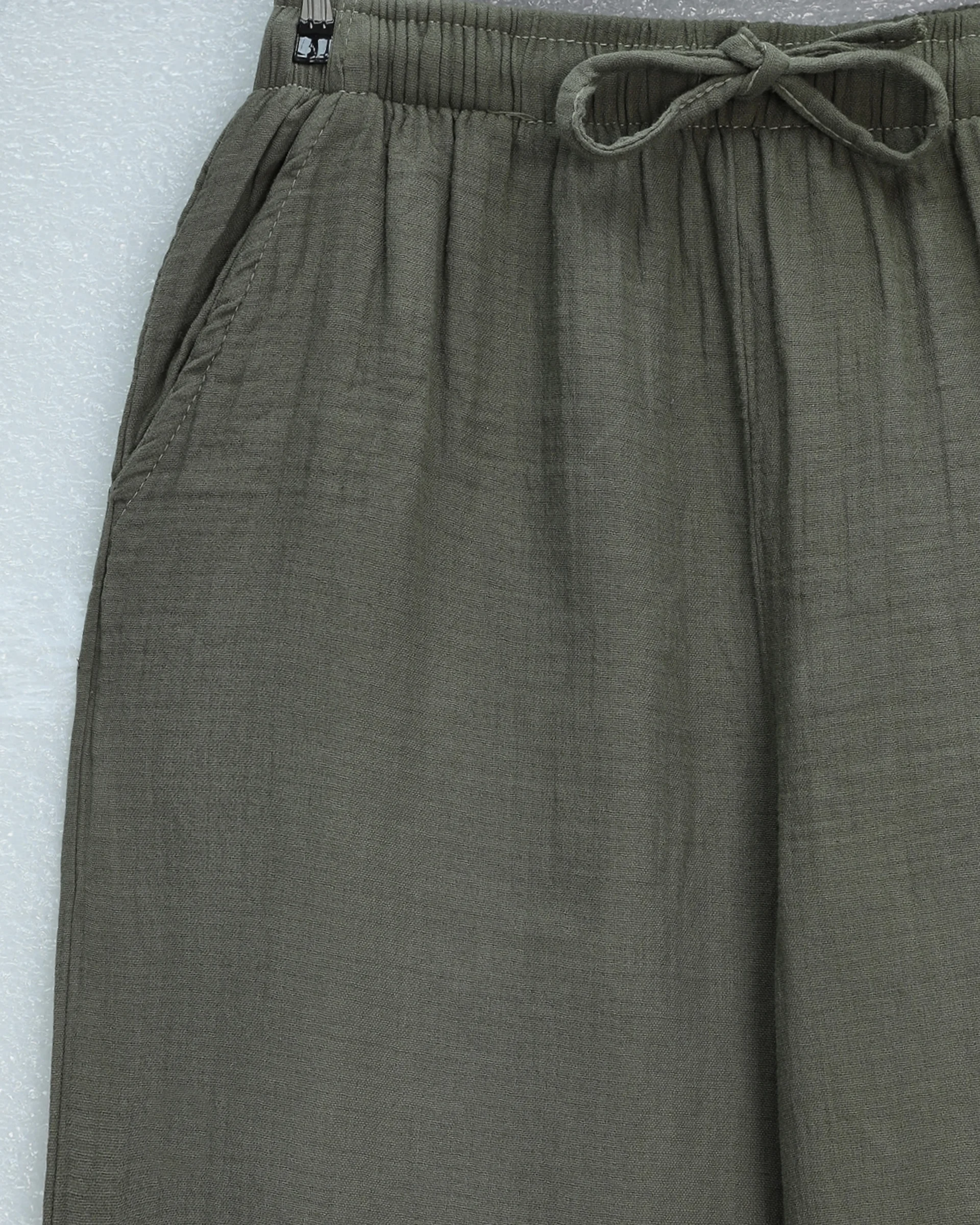 Elasticated Drawstring Wide-Leg Muslin Trousers - Olive Green - Podyumplus - by Peralane - photo 6