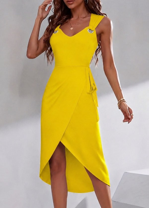 Women's Sleeveless V-Neck Viscose Midi Dress with Metal Ring Details and Side Tie - Janes - by Peralane - photo 2