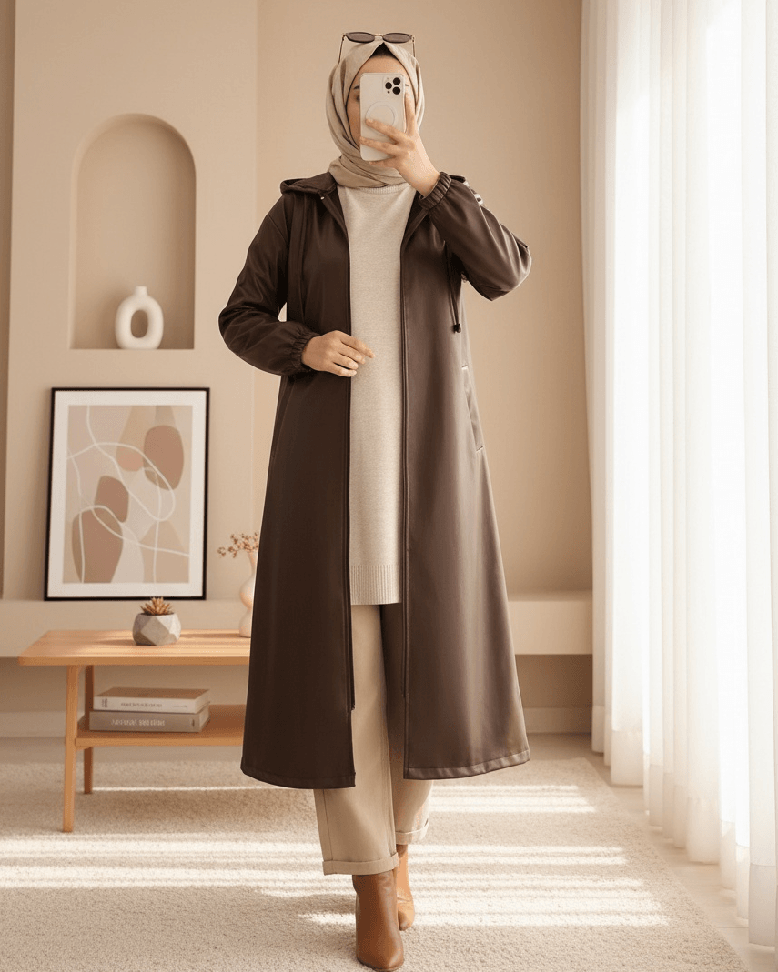 Hooded Zip-Up Faux Leather Coat in Brown - Podyumplus - by Peralane - photo 2