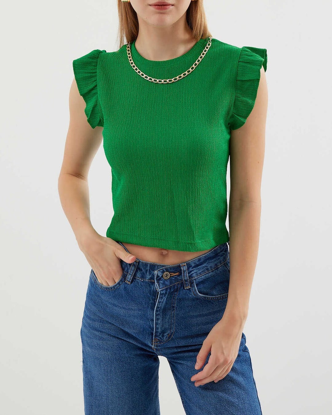 Green Ribbed Knit Blouse with Ruffled Cap Sleeves - Bigdart - by Peralane